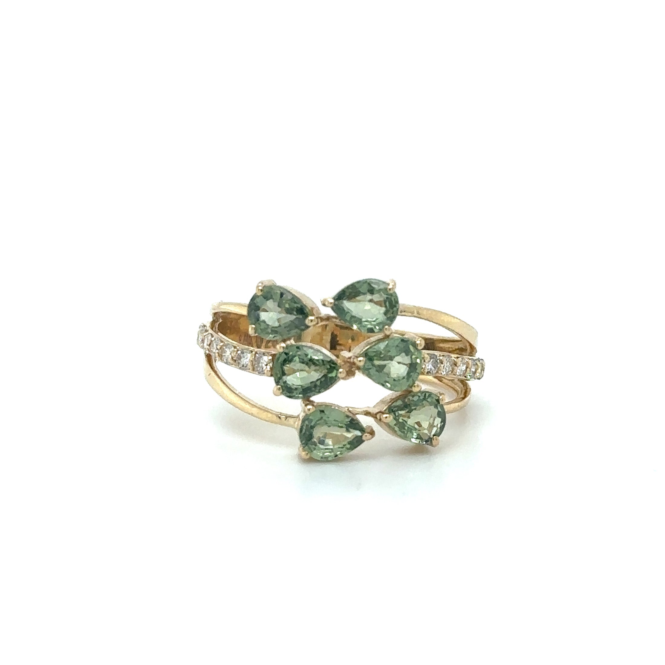 Anillo De Diamantes Y Zafiro Verde En Oro Amarillo De 14 K 2.46 TCW.