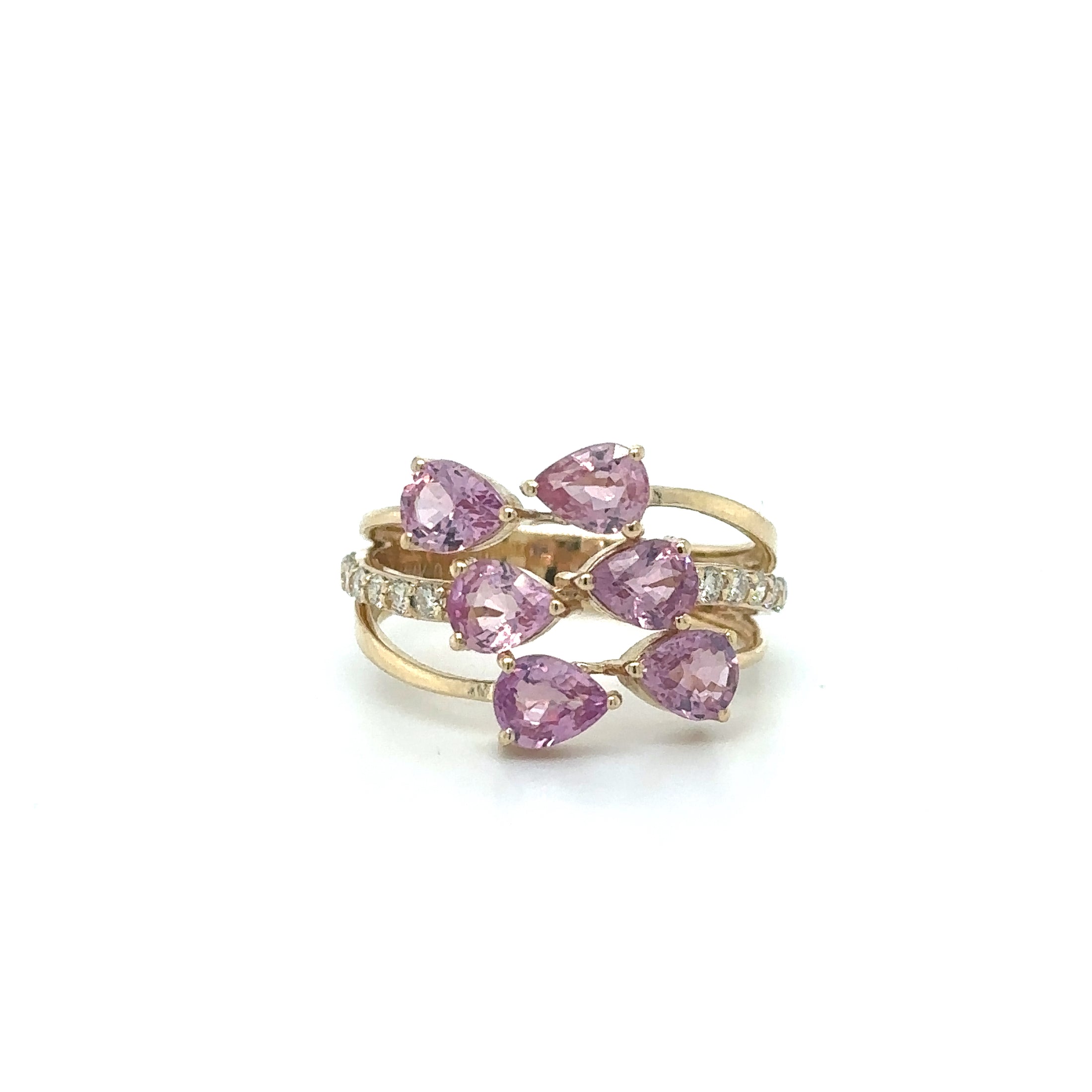 Anillo De Diamantes Y Zafiro Rosa En Oro Amarillo De 14K 2.46 TCW.