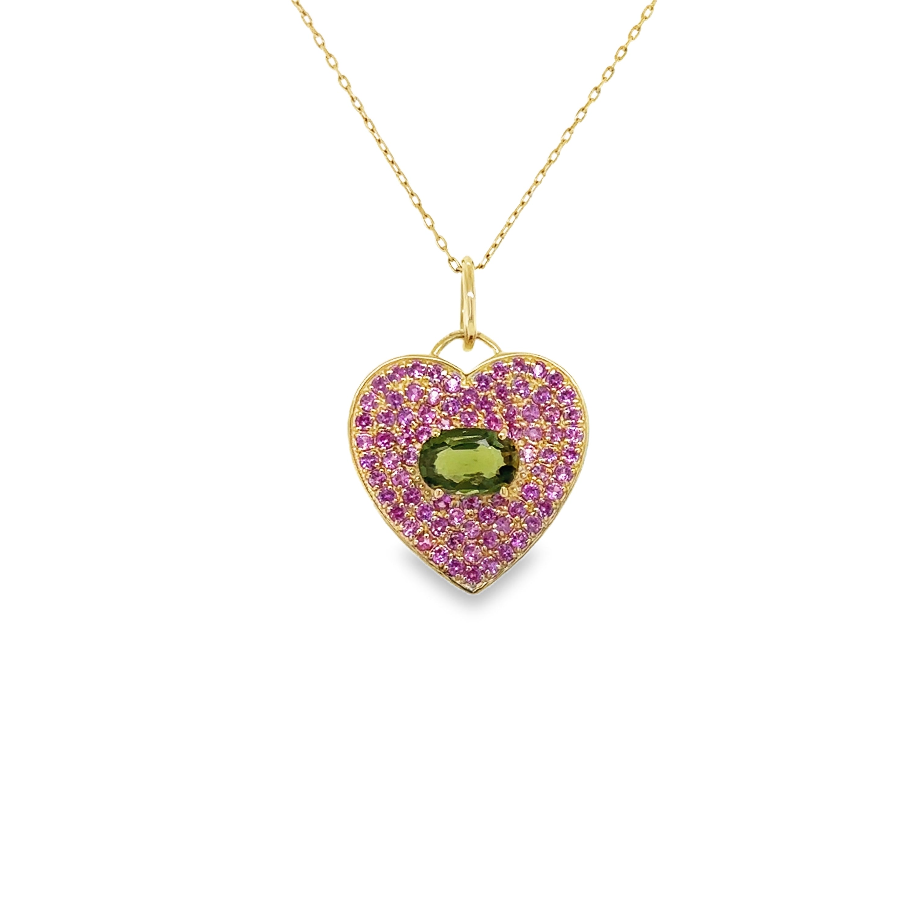 Colgante Corazón De Oro Amarillo De 14 Quilates Con Zafiro Rosa Y Verde 1.1 Ct.