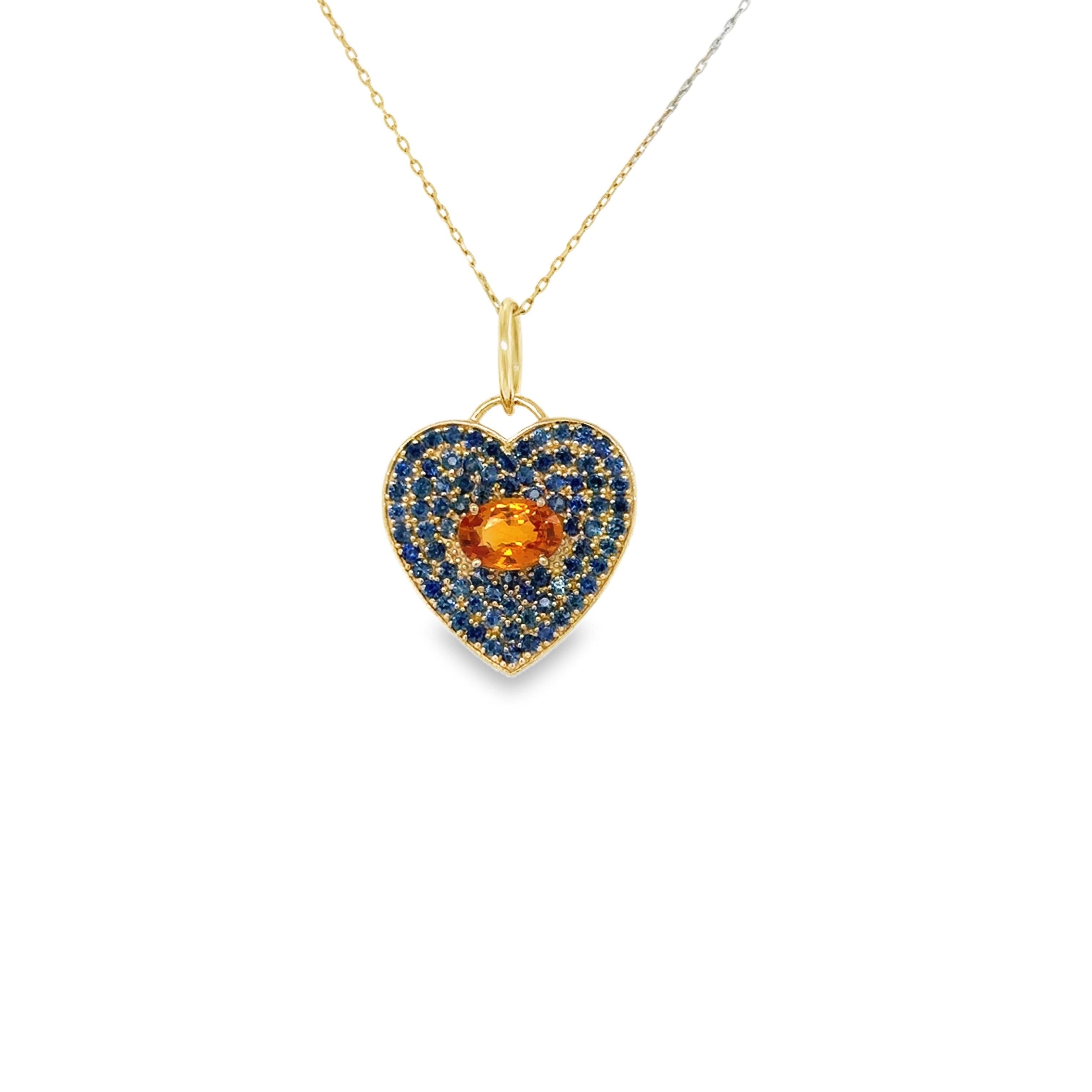 Colgante De Corazón De Oro Amarillo De 14 K Con Zafiro Azul Y Naranja
