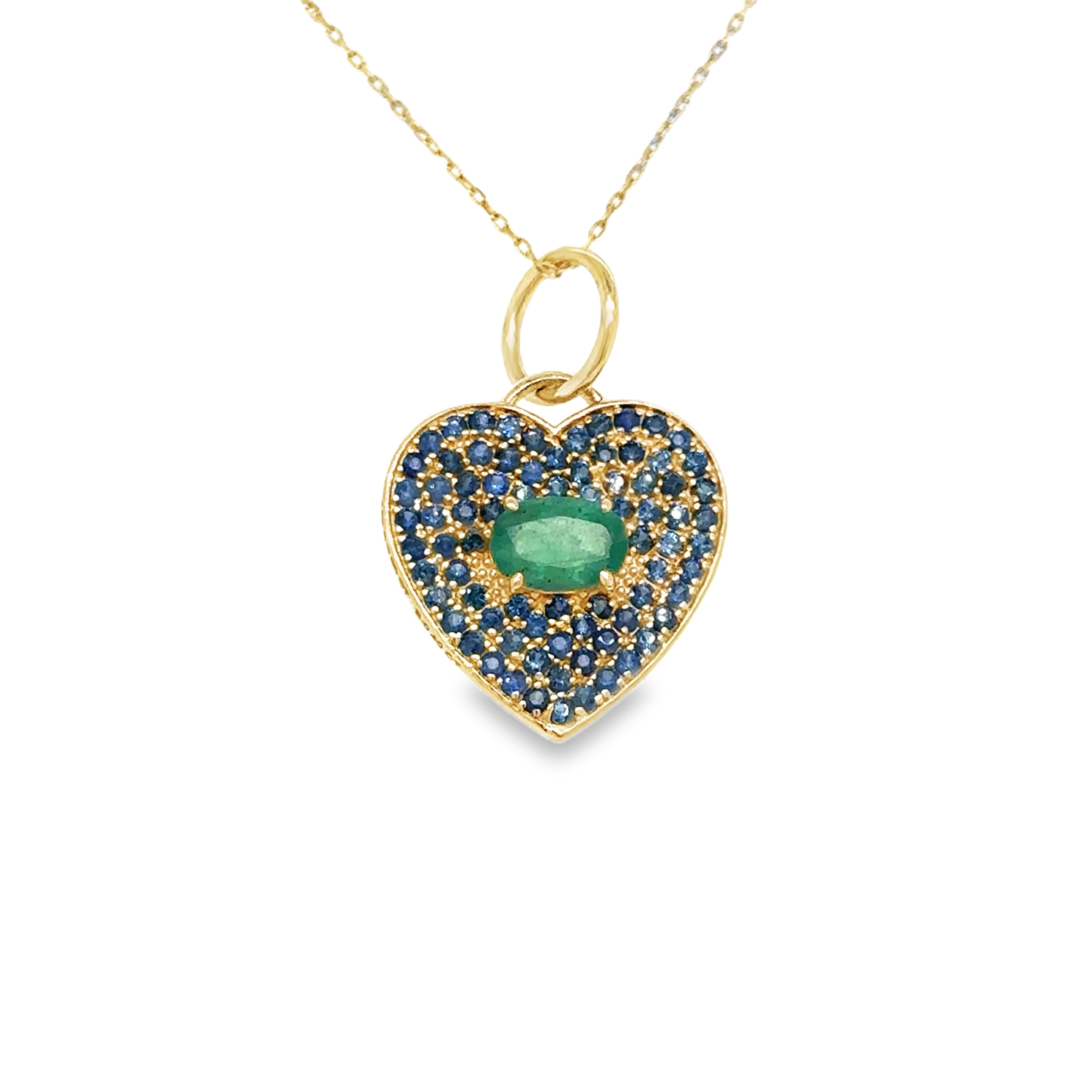 Colgante De Corazón De Zafiro Y Esmeralda En Oro Amarillo De 14 K