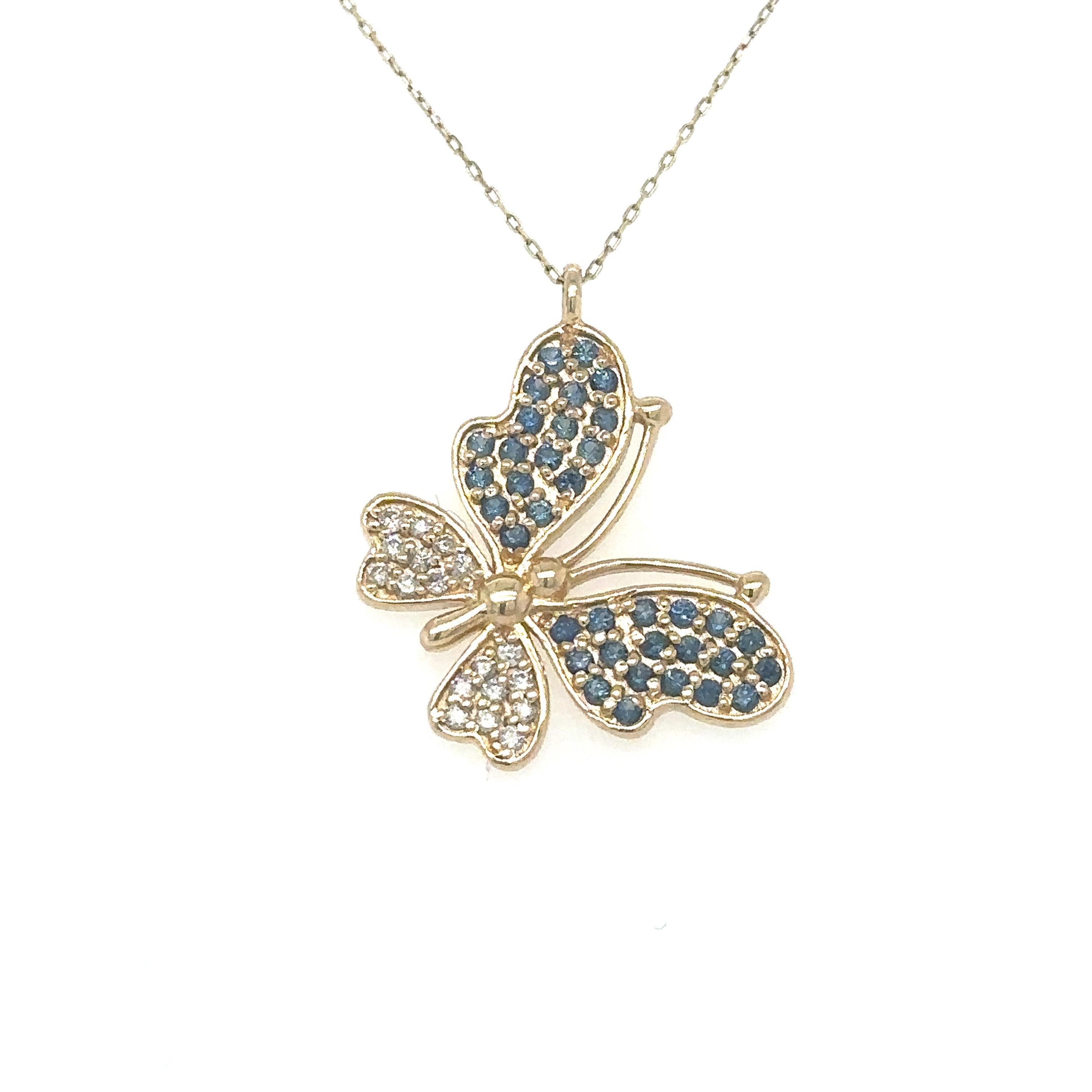 Colgante Mariposa De Diamantes Y Zafiros En Oro Amarillo De 14K 0.66 Ct.