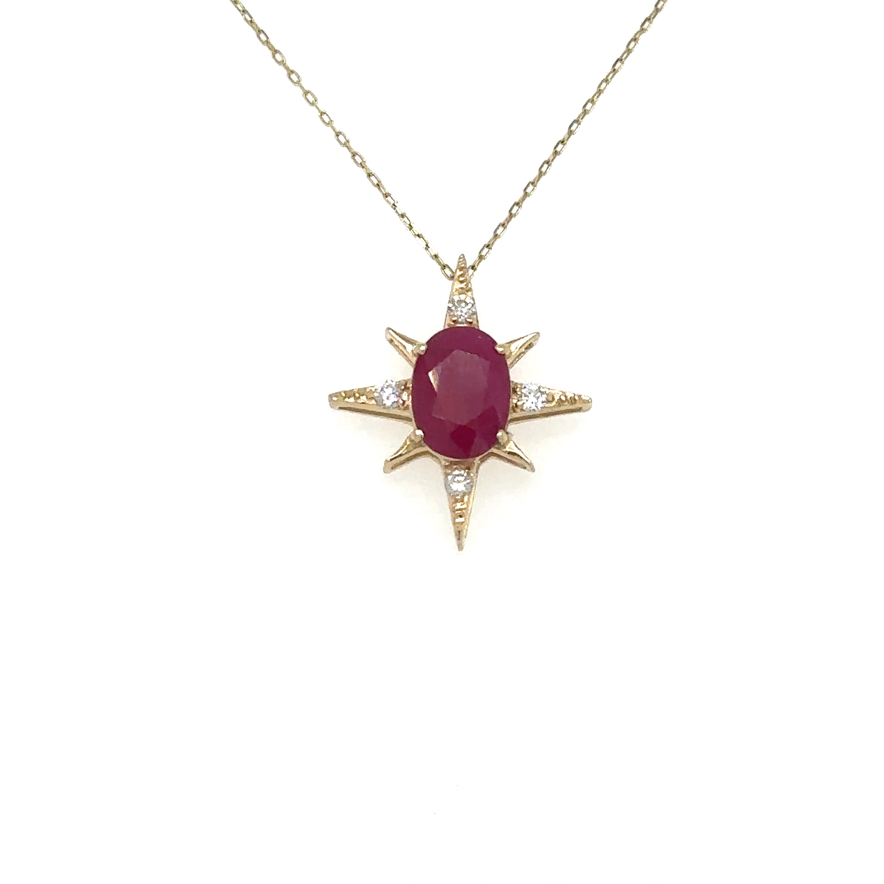 Colgante Starburst Oro Amarillo De 14Kt Con Rubí Y Diamantes 1.5 Ct.