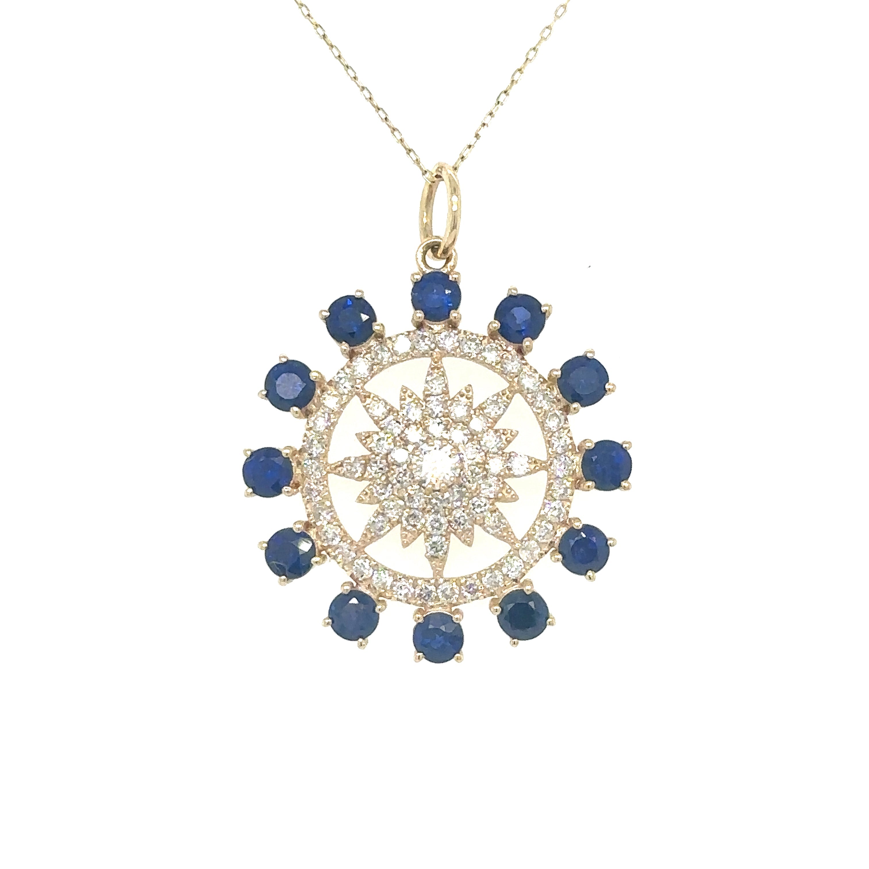 Colgante De Oro Amarillo De 14 Quilates Con Diamantes Y Zafiros 2.45 Ct.