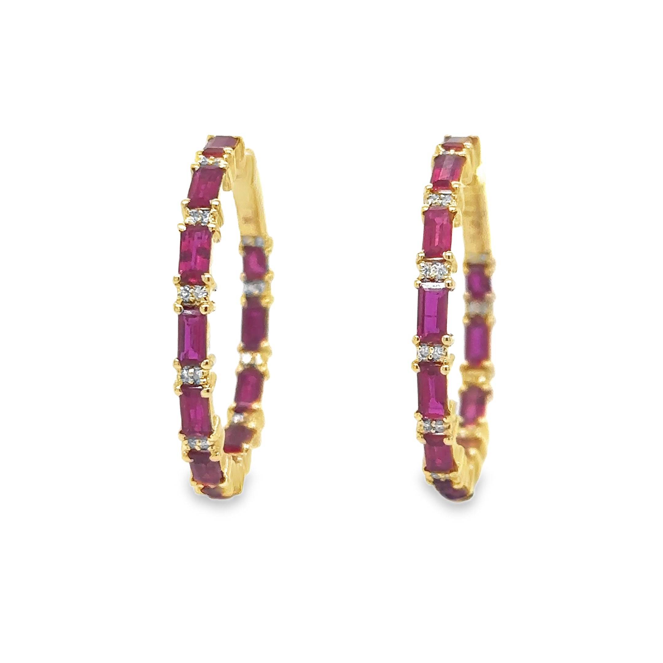 14K Yellow Gold Ruby and Diamond Hoop Earring, 3.09 Tcw