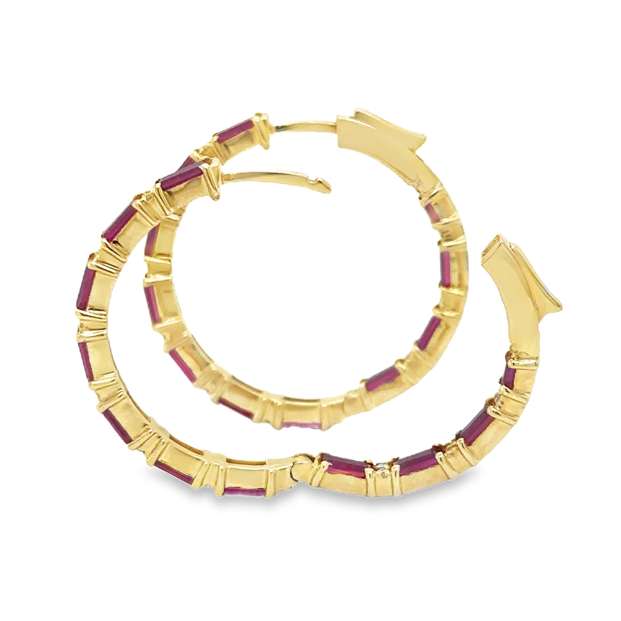 14K Yellow Gold Ruby and Diamond Hoop Earring, 3.09 Tcw