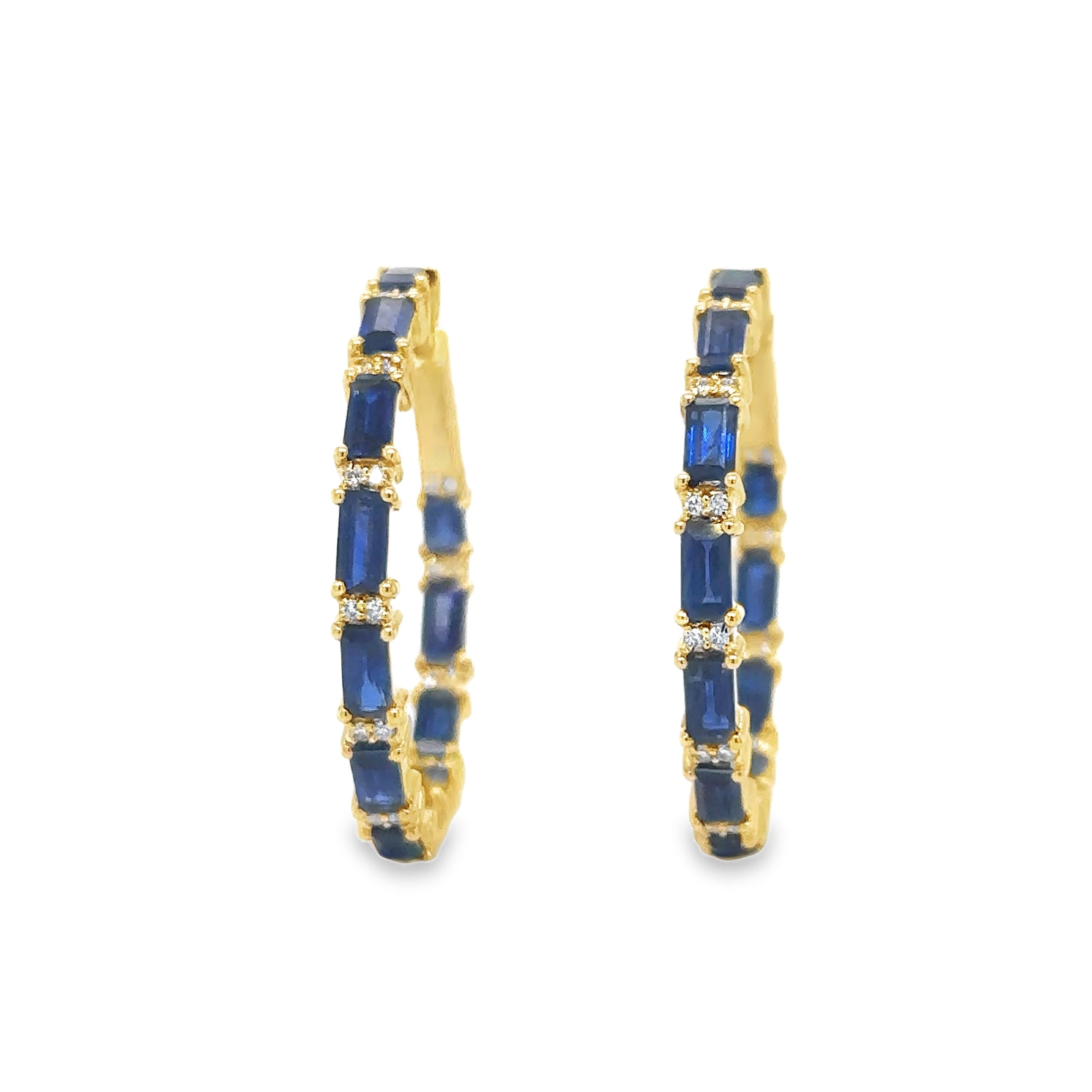 14K Yellow Gold Sapphire and Diamond Hoop Earrings, 3.59 TCW
