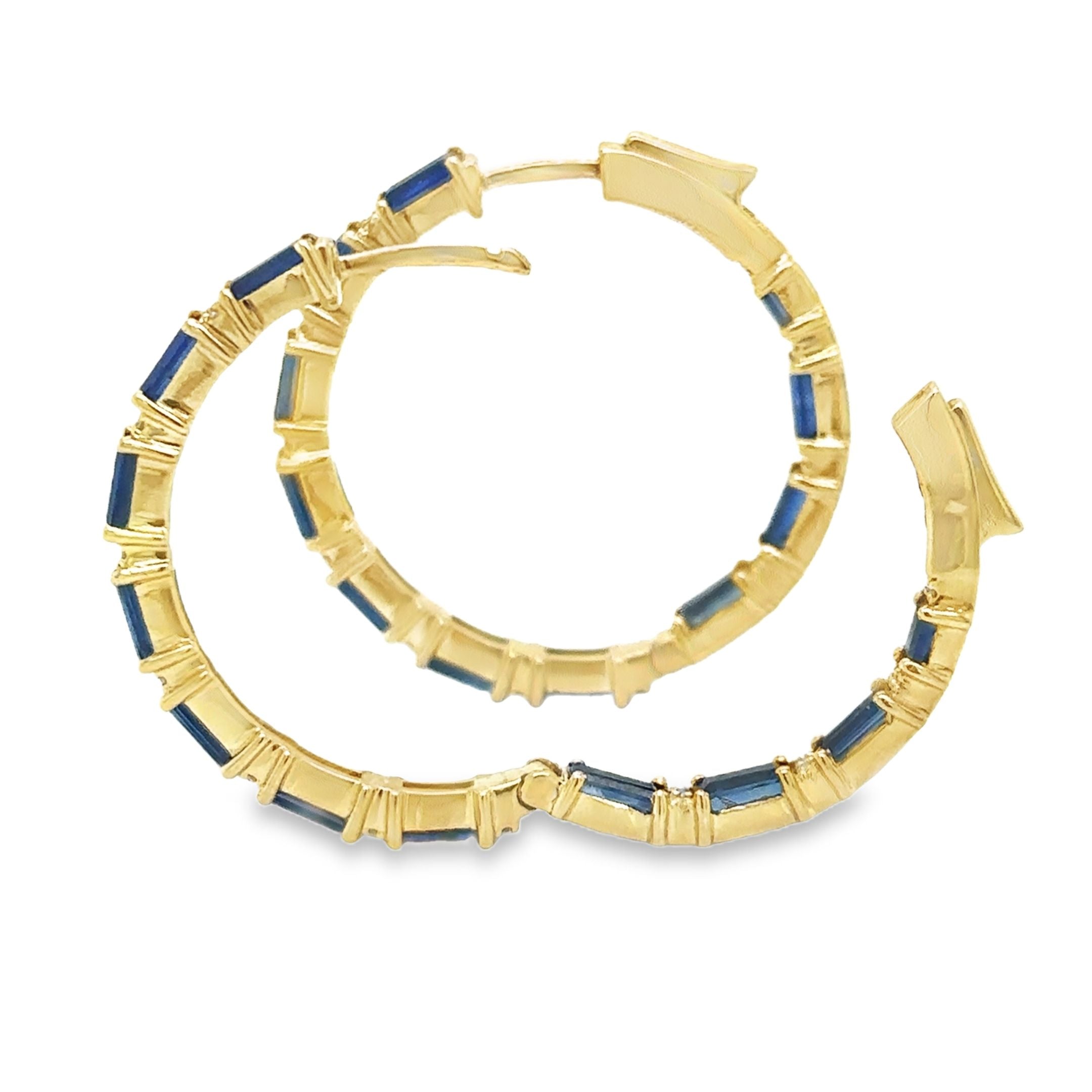 14K Yellow Gold Sapphire and Diamond Hoop Earrings, 3.59 TCW