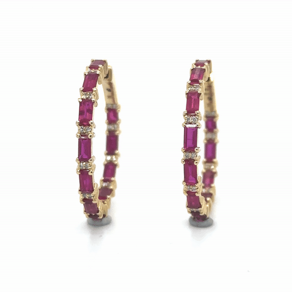 14K Yellow Gold Ruby and Diamond Hoop Earring, 3.09 Tcw