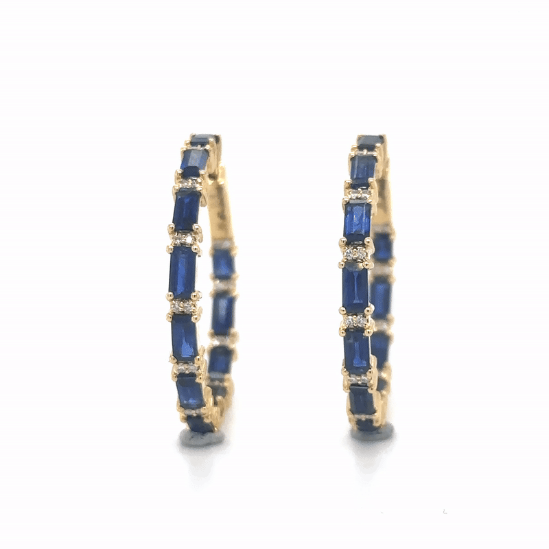 14K Yellow Gold Sapphire and Diamond Hoop Earrings, 3.59 TCW