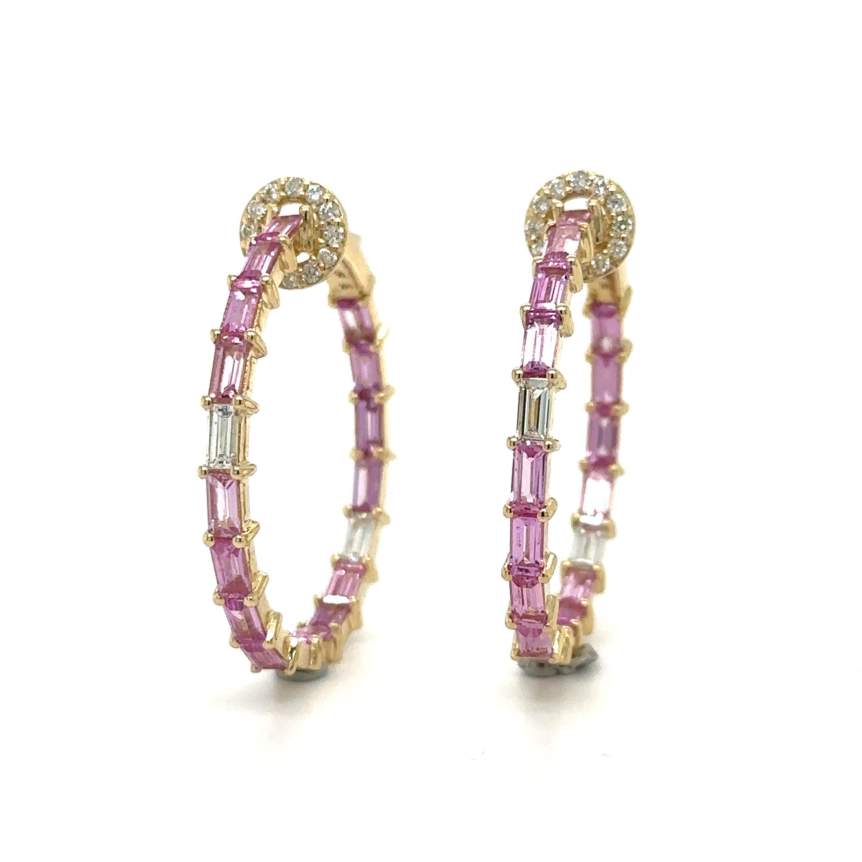 Pendiente De Aro De Oro Amarillo De 14 Quilates Zafiro Rosa Y Diamantes 4.93 Ct.