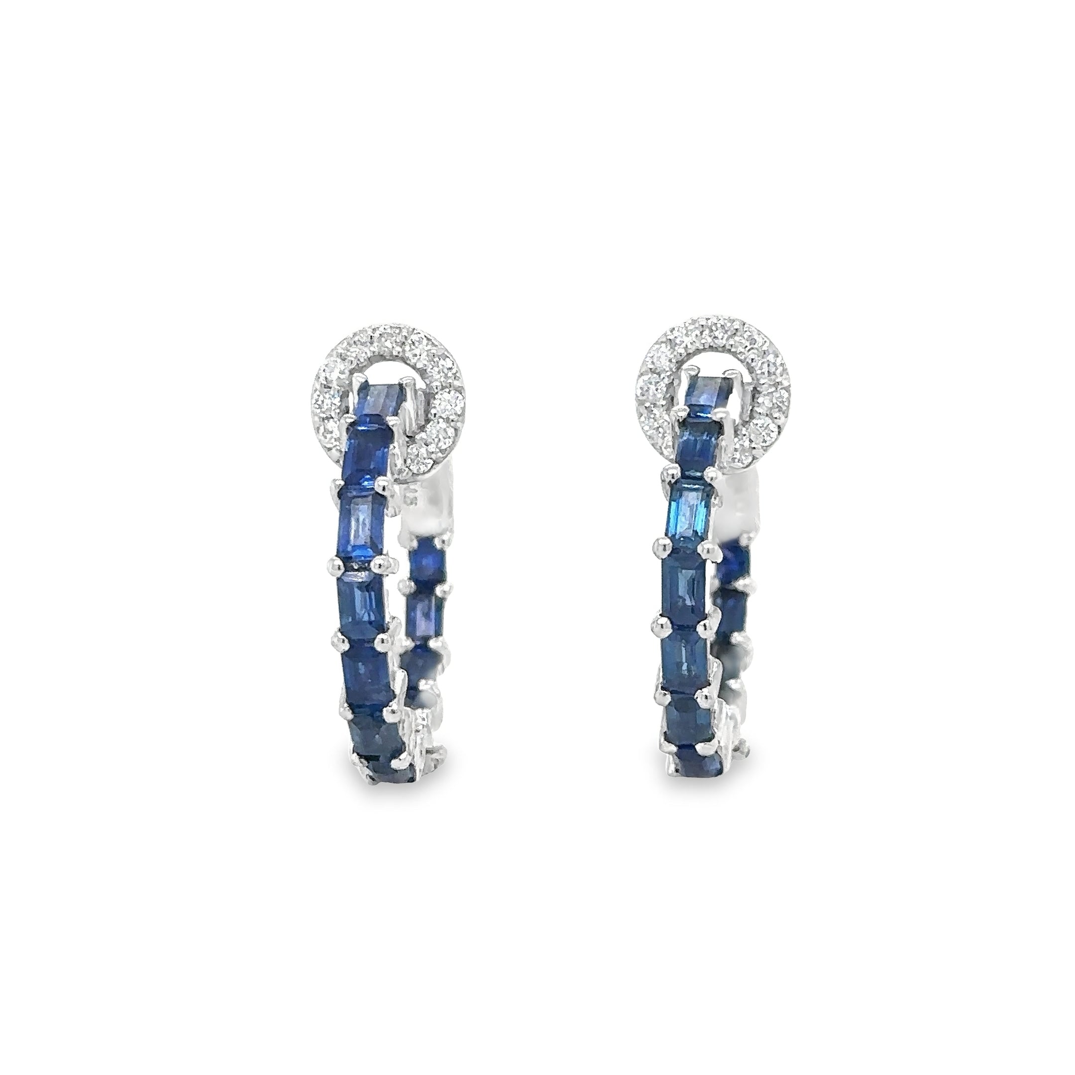 14K White Gold Sapphire and Diamond Hoop Earring, 2.85 TCW