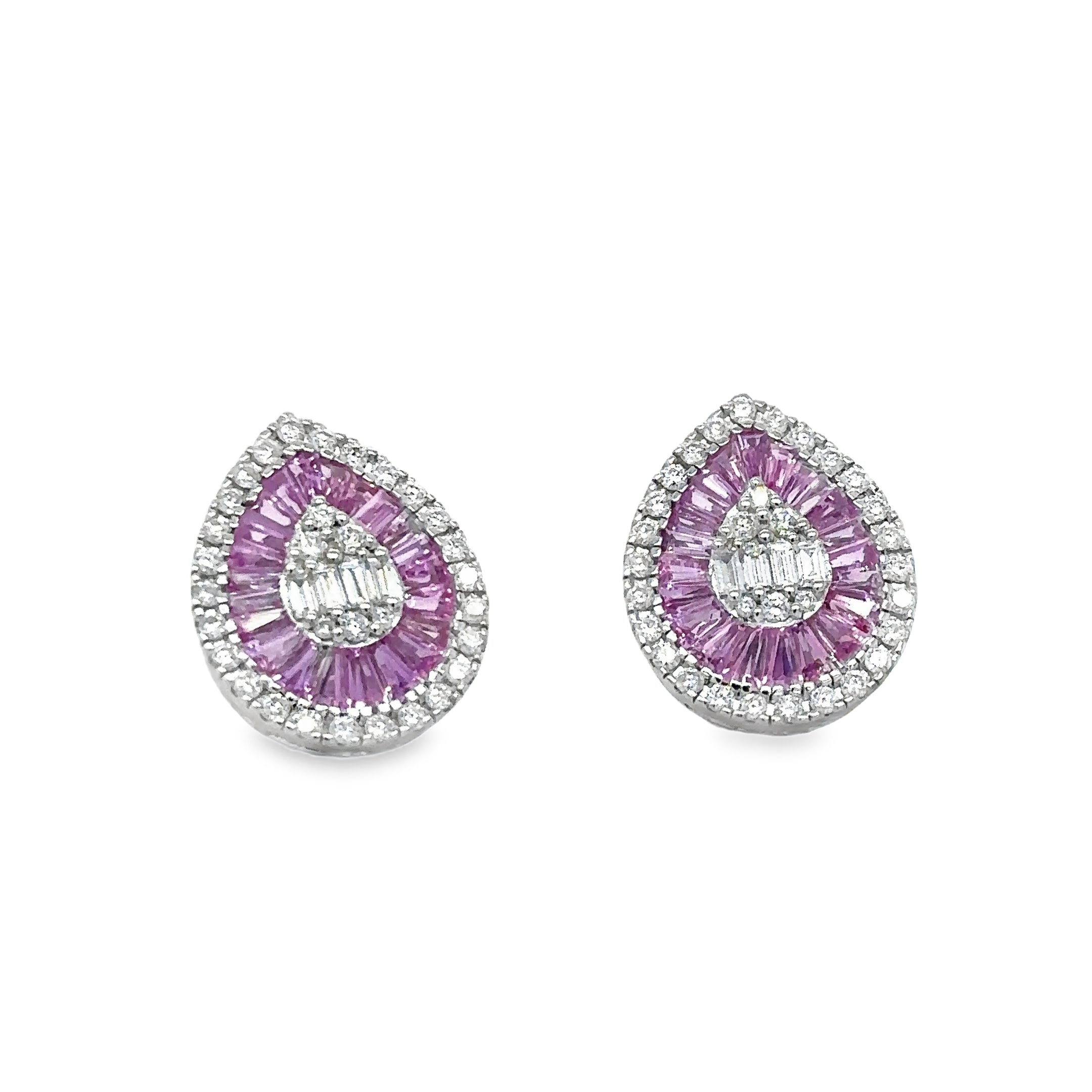 Pendiente En Forma De Pera De Zafiro Rosa Y Diamantes De Oro Blanco De 14K 2.49 Ct.