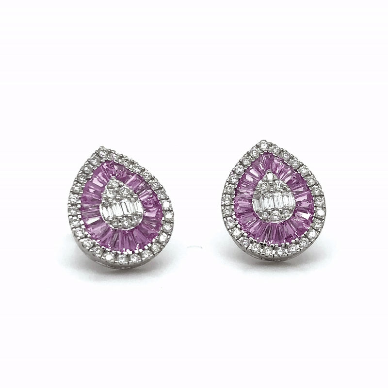 Pendiente En Forma De Pera De Zafiro Rosa Y Diamantes De Oro Blanco De 14K 2.49 Ct.