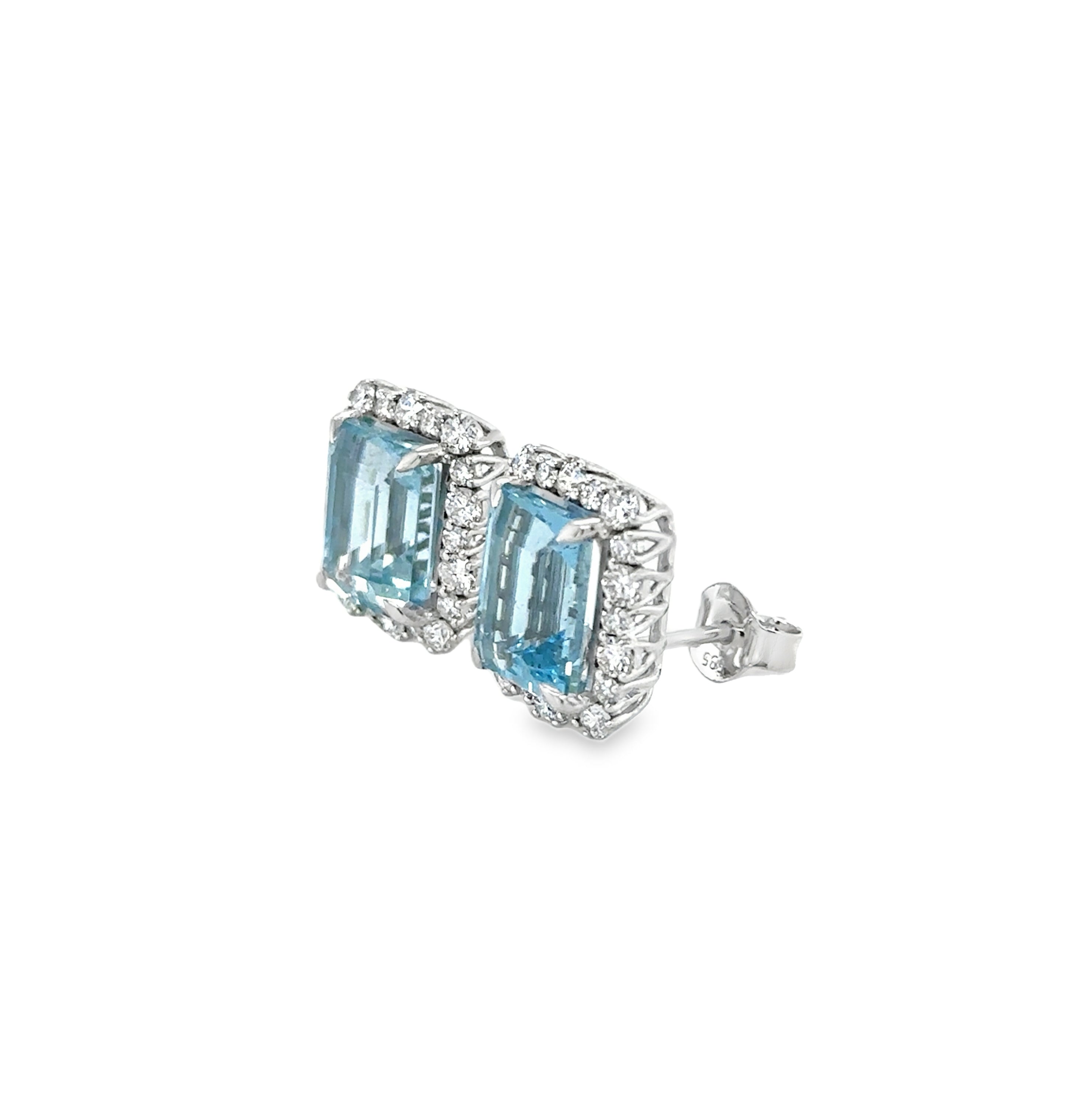 Pendiente De Oro Blanco De 14 Quilates Aguamarina Y Diamantes 6.29 Ct.