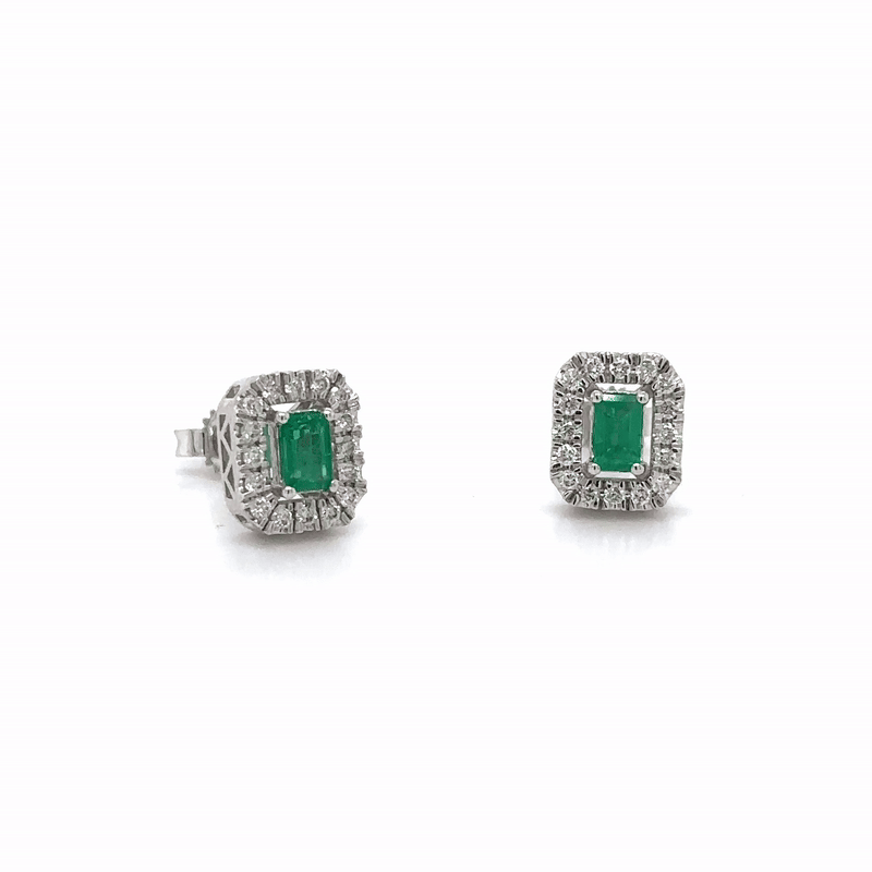 Pendientes De Oro Blanco De 14K Con Esmeralda Y Diamantes 0.63 TCW.