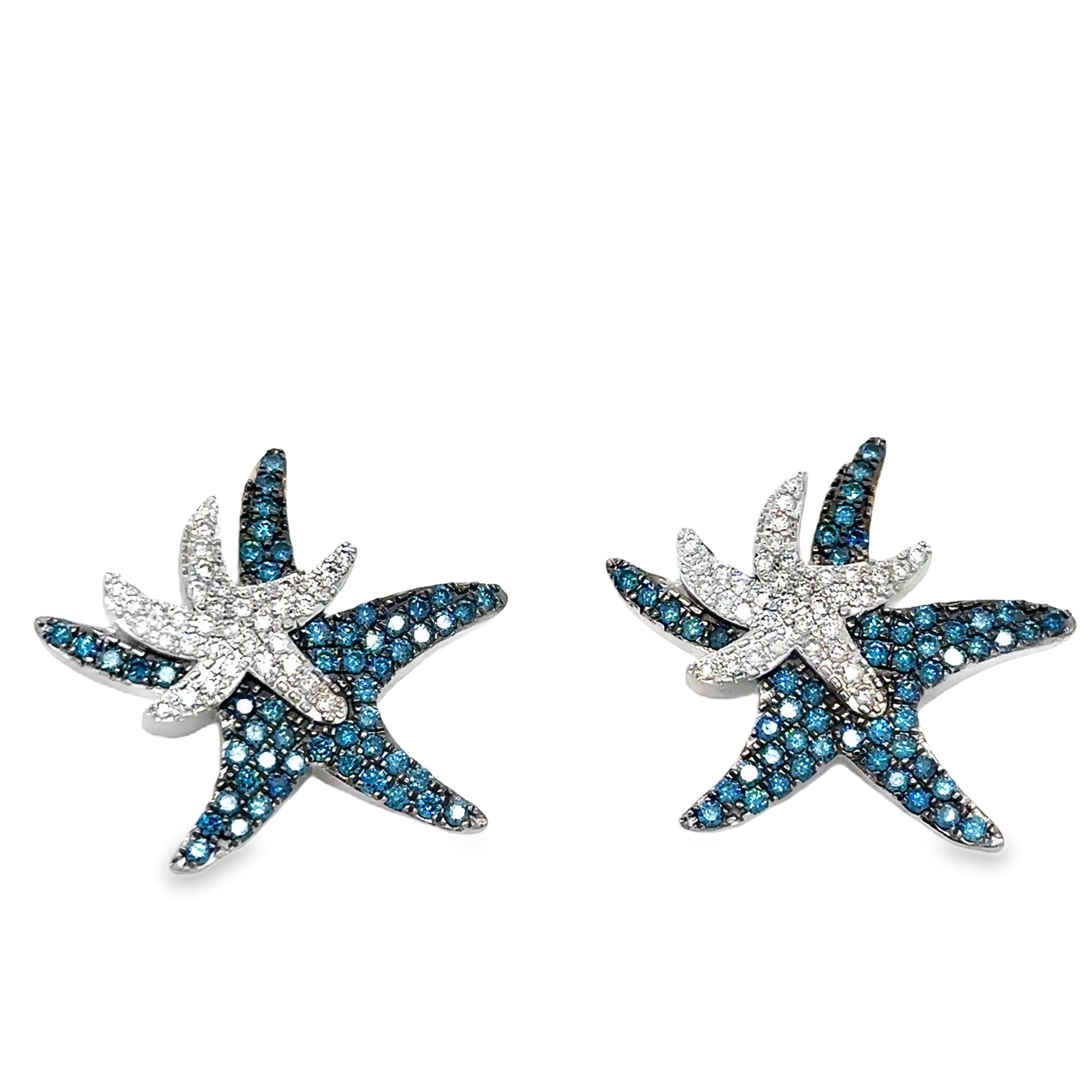 Pendiente De Estrella De Mar De Oro Blanco De 14 Quilates Con Diamantes Azules 2.15 Ct.