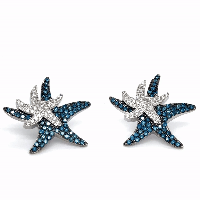 Pendiente De Estrella De Mar De Oro Blanco De 14 Quilates Con Diamantes Azules 2.15 Ct.