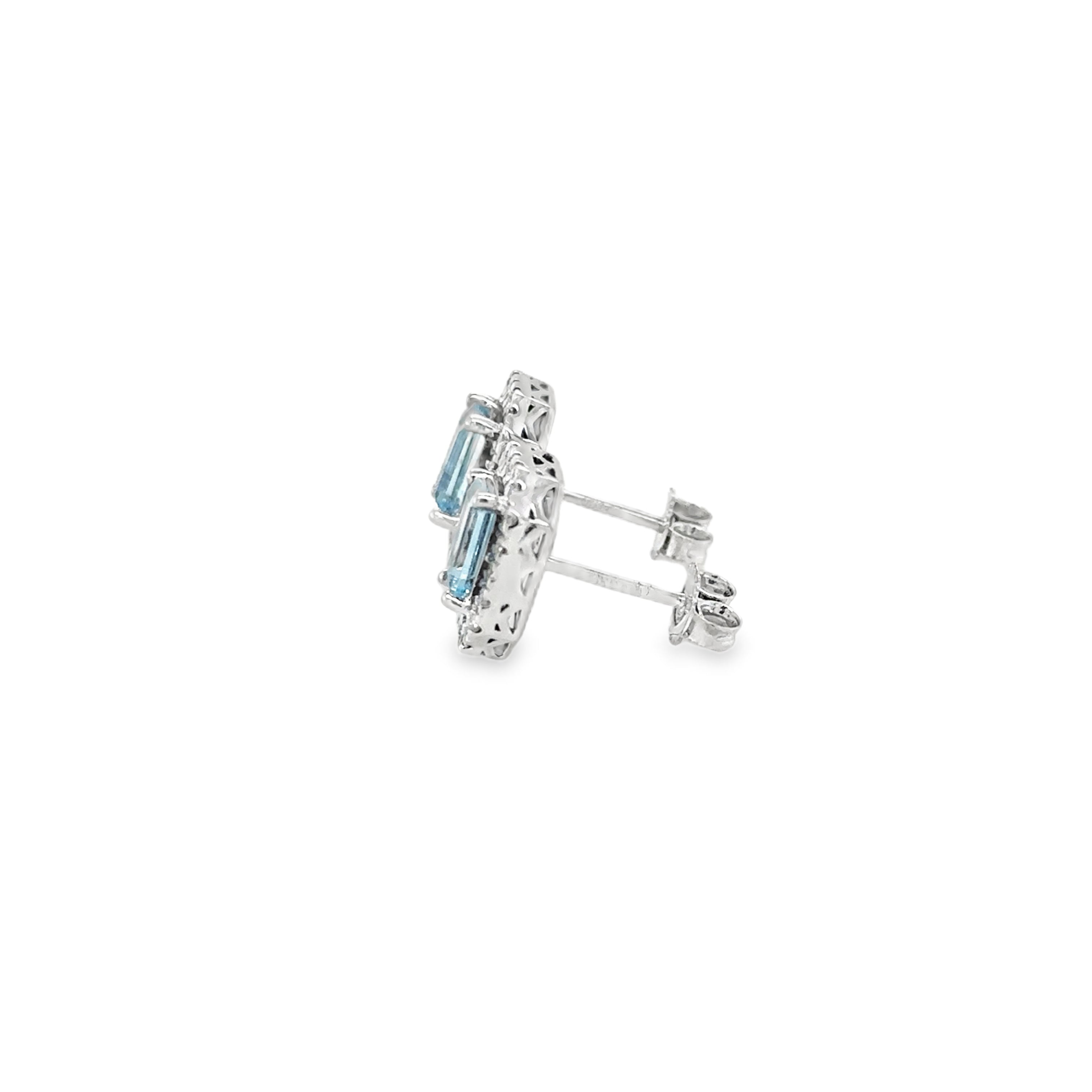 Pendiente De Botón De Diamantes Y Aguamarina De Oro Blanco De 14K 1.27 Ct.