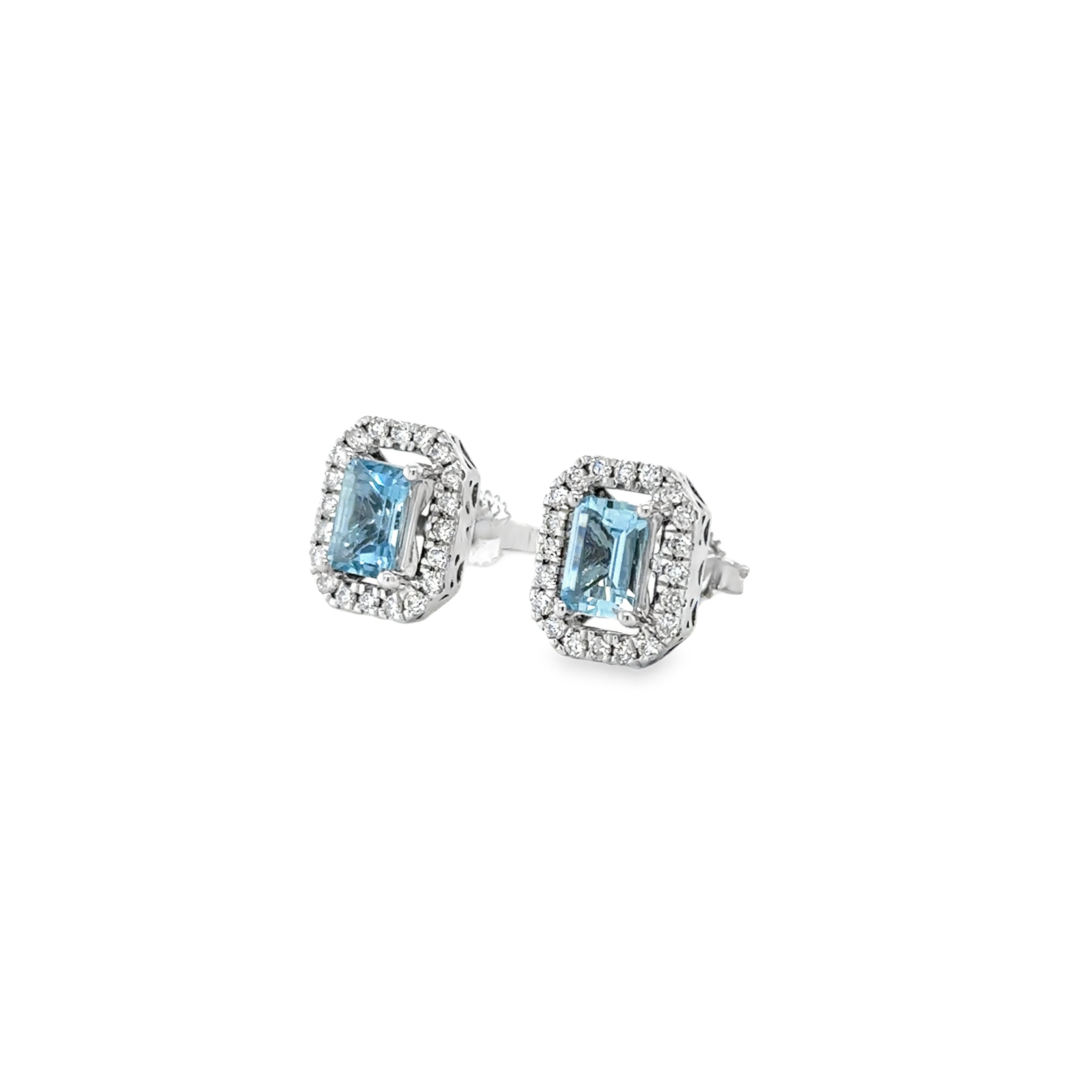 Pendiente De Botón De Diamantes Y Aguamarina De Oro Blanco De 14K 1.27 Ct.