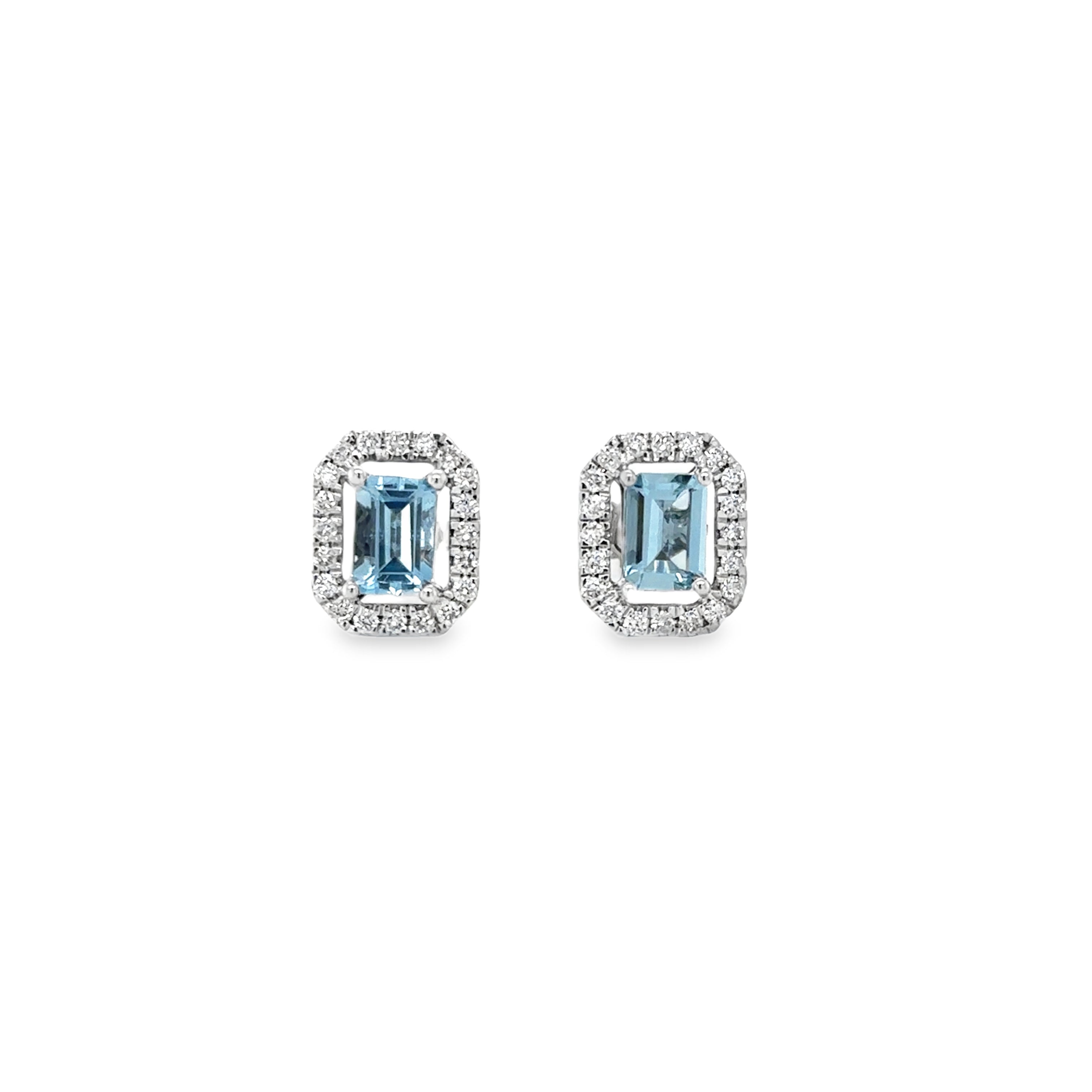Pendiente De Botón De Diamantes Y Aguamarina De Oro Blanco De 14K 1.27 Ct.