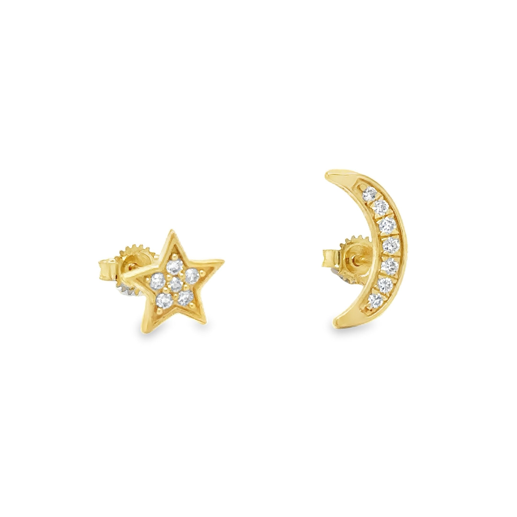 Pendiente De Diamantes Estrella Luna De Oro Amarillo De 14K 0.15 Ct.