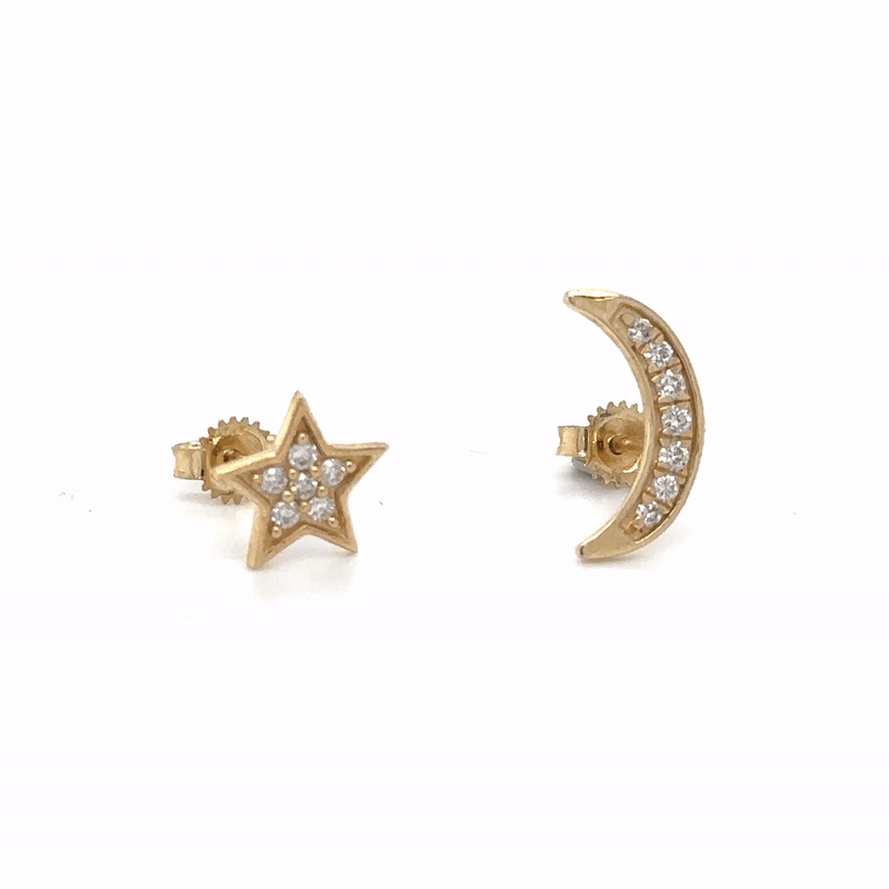 Pendiente De Diamantes Estrella Luna De Oro Amarillo De 14K 0.15 Ct.