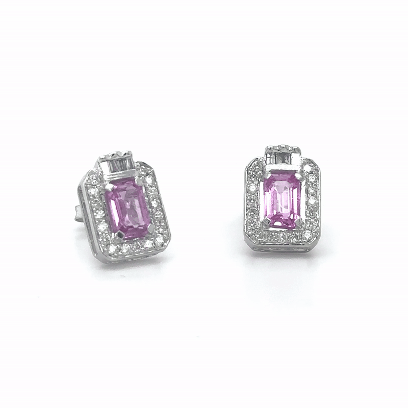 Pendiente Oro Blanco De 14 Quilates, Zafiro Rosa Y Diamantes 1.85 Ct.