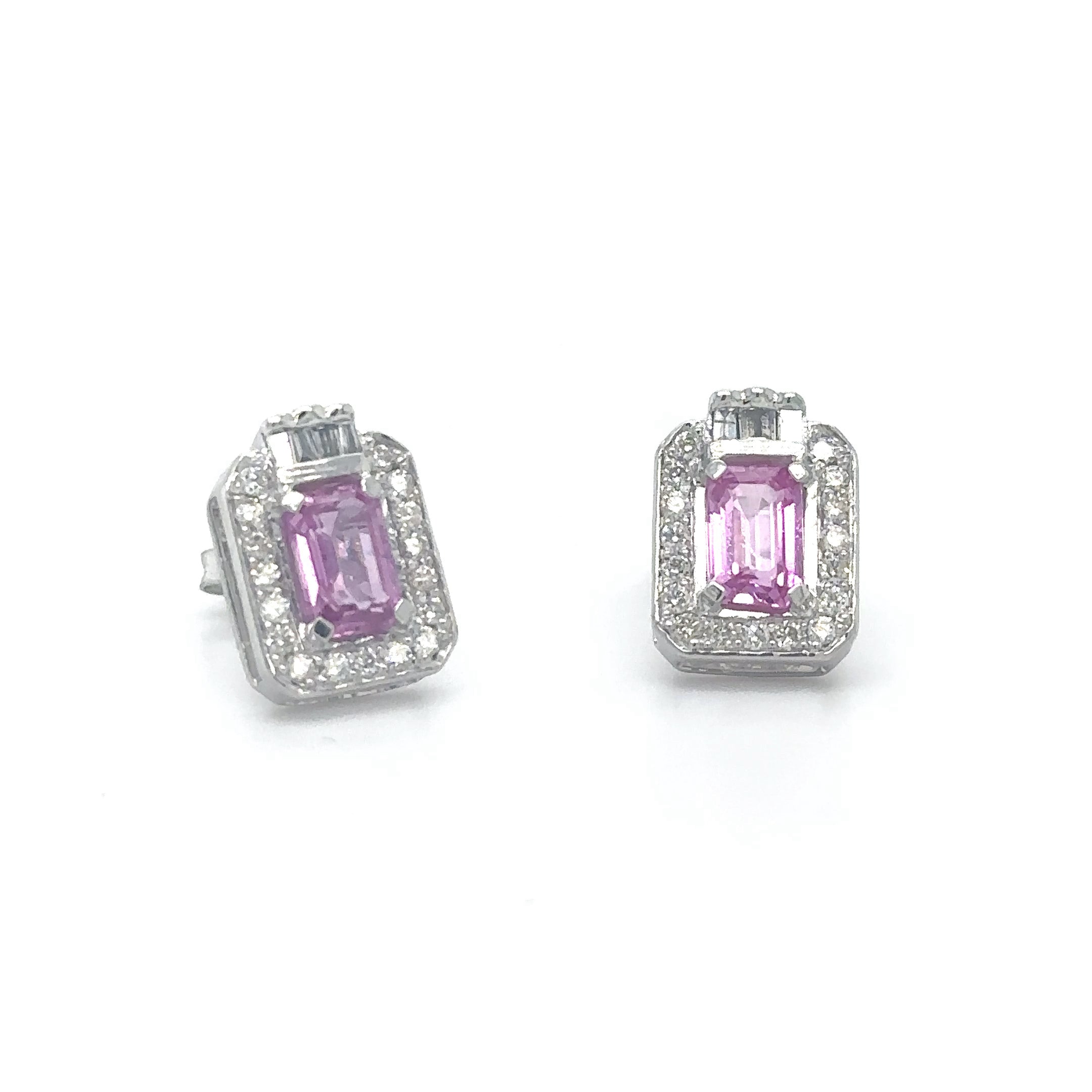 Pendiente Oro Blanco De 14 Quilates, Zafiro Rosa Y Diamantes 1.85 Ct.