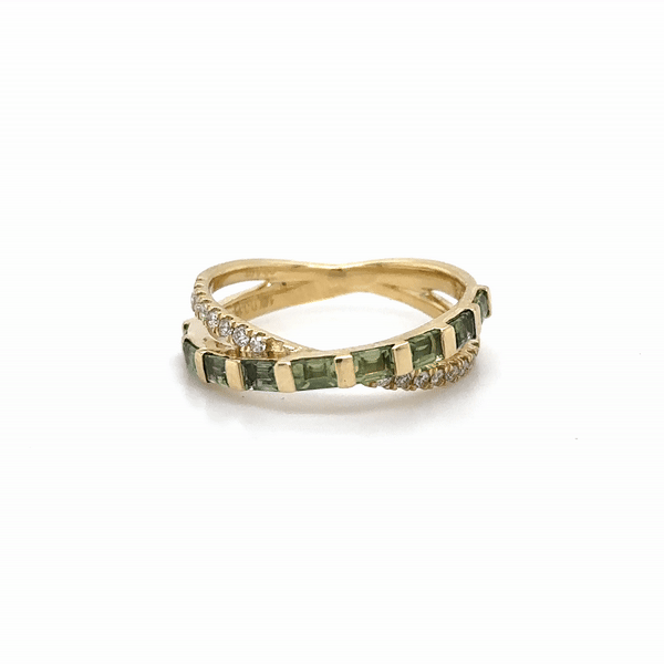 Anillo De Diamantes Y Zafiro Verde En Oro Amarillo De 14Kt, 1.07 CT