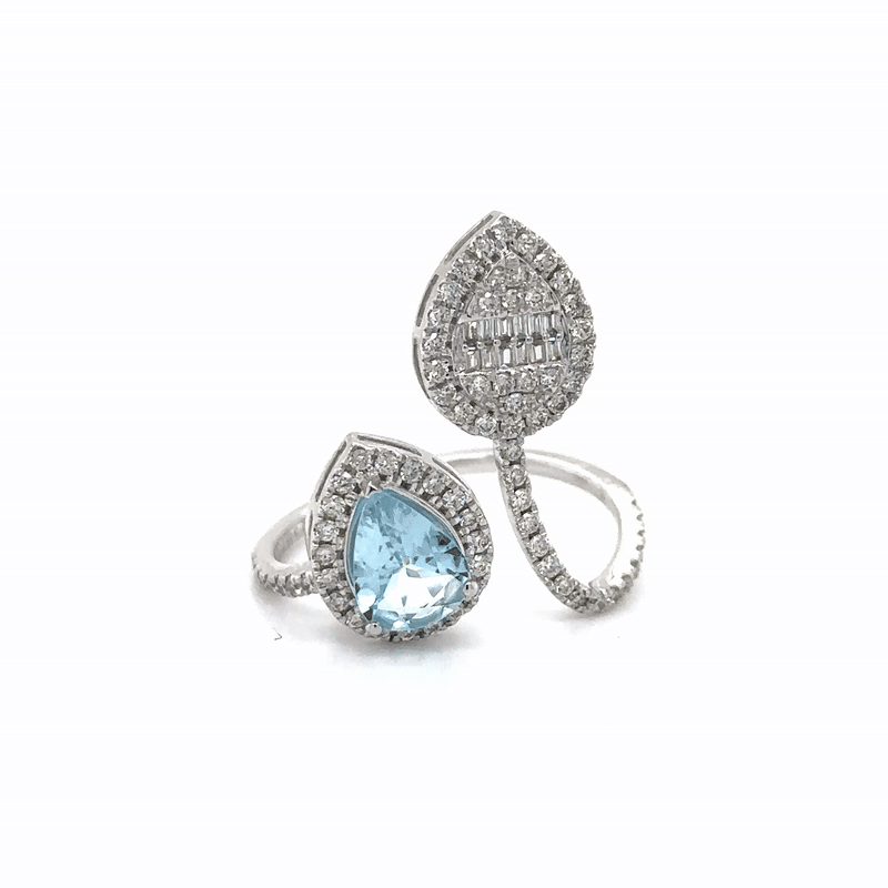 Anillo De Diamantes Y Aguamarina De Oro Blanco De 14K 1.3 Ct.
