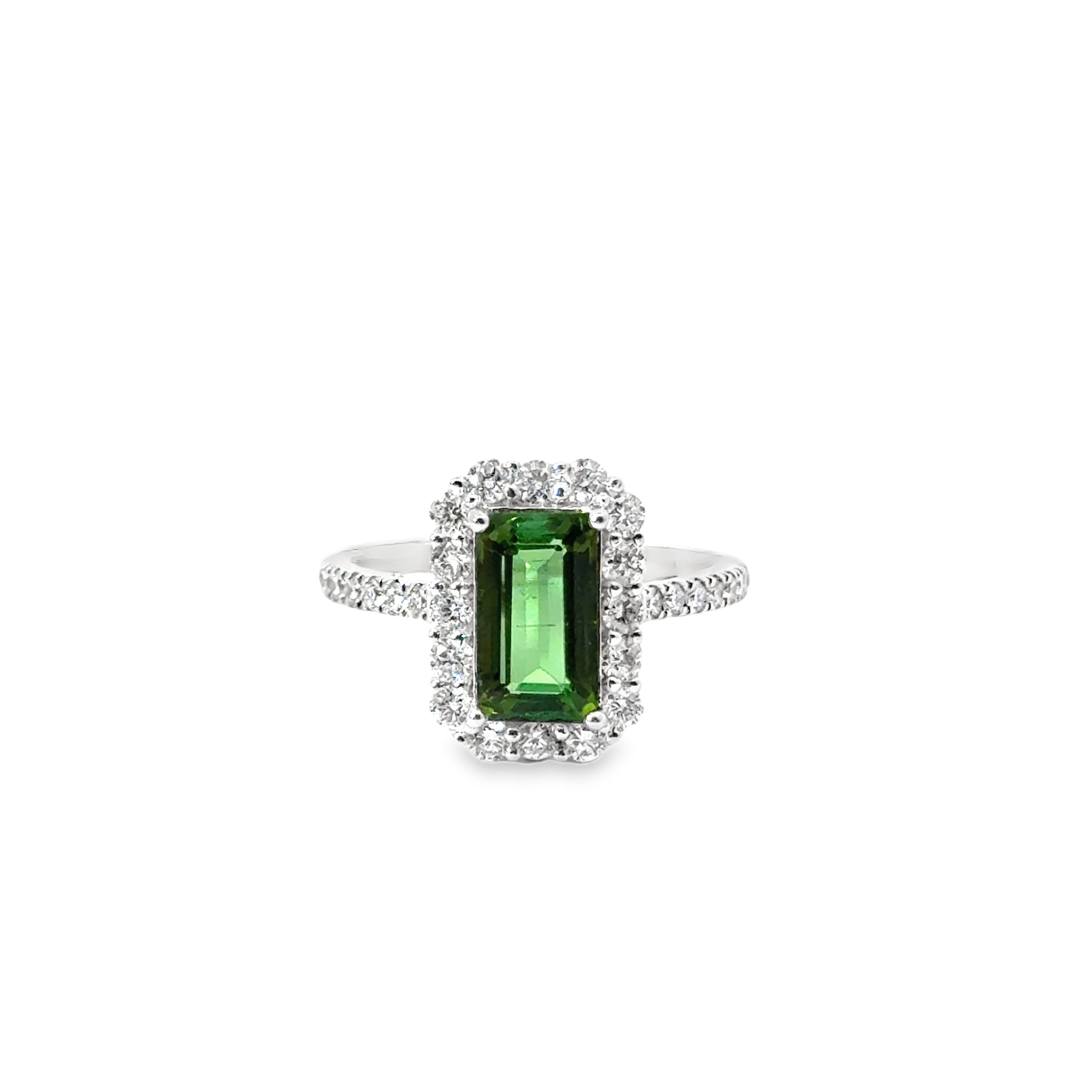 Anillo Oro Blanco De 14 Quilates Turmalina Verde Y Diamantes 2.92 Ct.