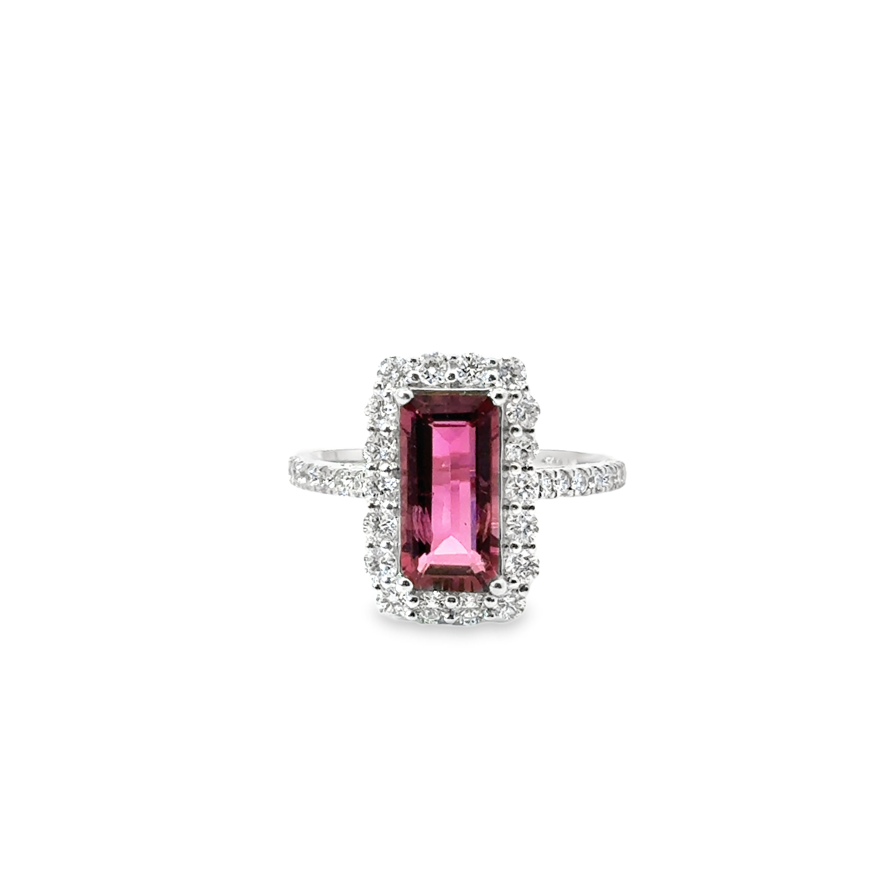 Anillo Oro Blanco De 14K, Turmalina Rosa Y Diamantes 3.03 Ct.