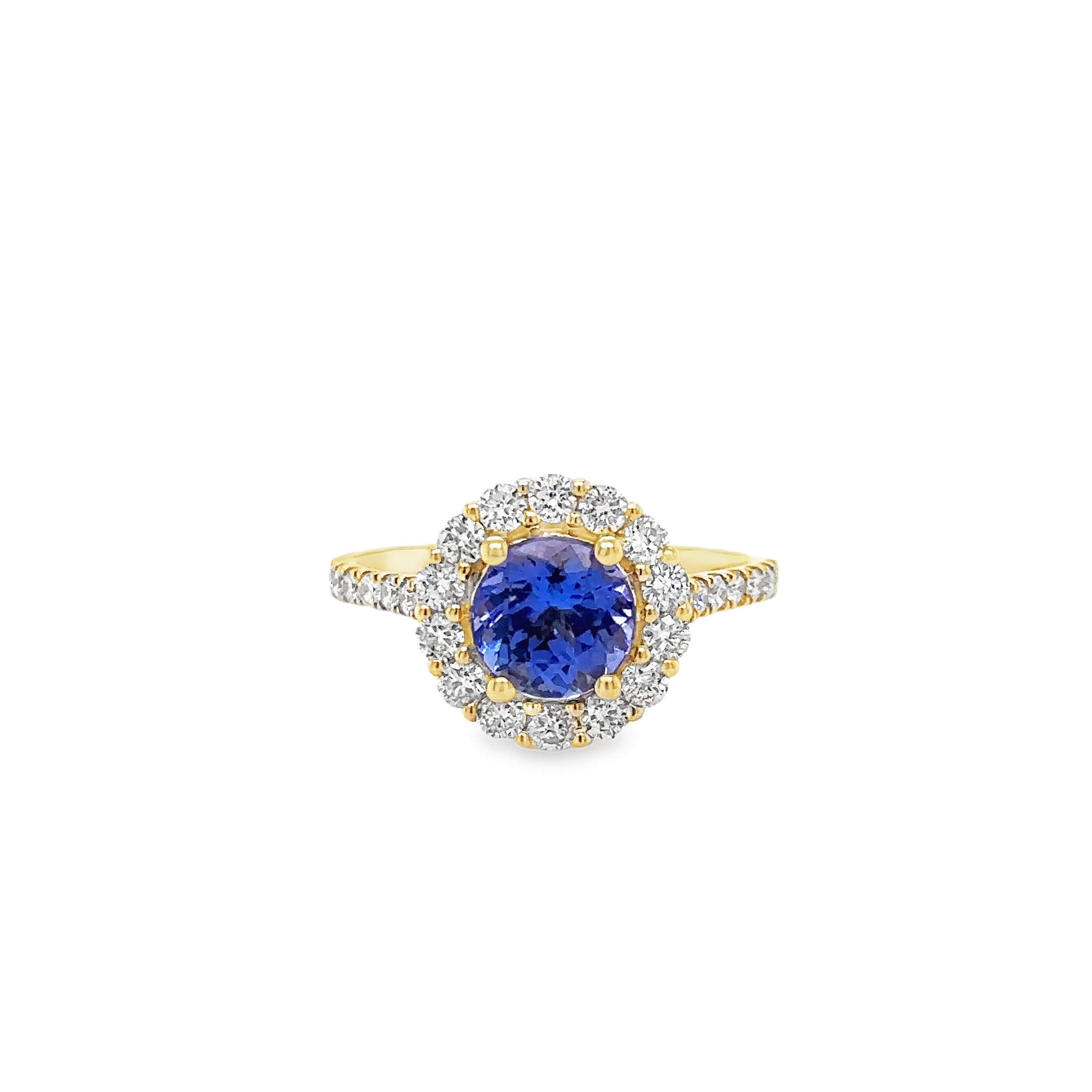 Anillo Redondo De Tanzanita De Oro Amarillo De 14 Quilates Con Diamantes 2.08 Ct.
