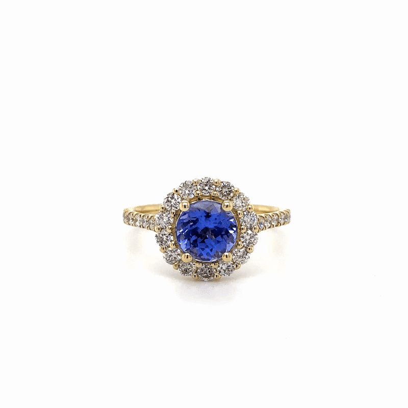 Anillo Redondo De Tanzanita De Oro Amarillo De 14 Quilates Con Diamantes 2.08 Ct.