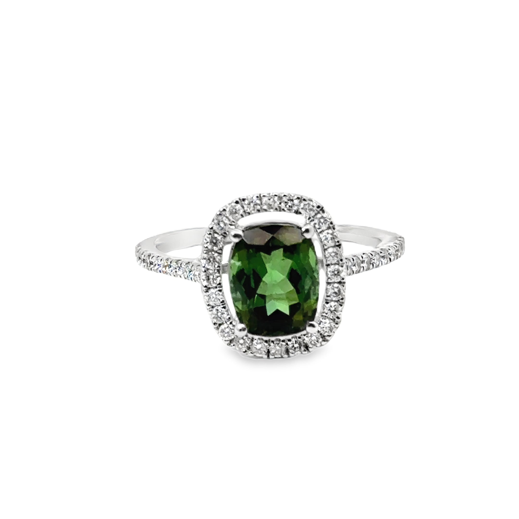 Anillo Oro Blanco De 14 Quilates Turmalina Verde Y Diamantes 2.64 Ct.