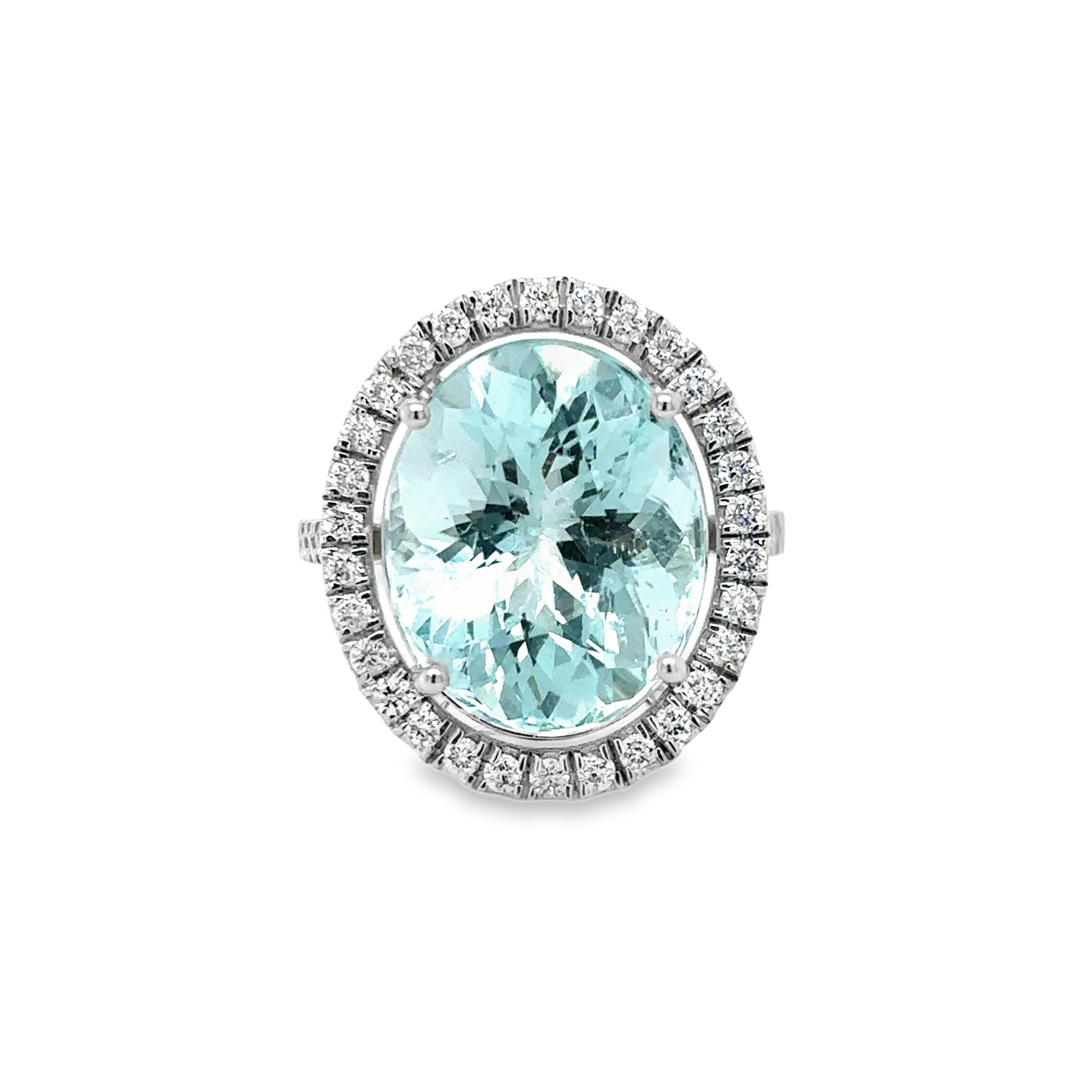 Anillo De Diamantes Y Aguamarina De Oro Blanco De 14K 11.77 Ct.