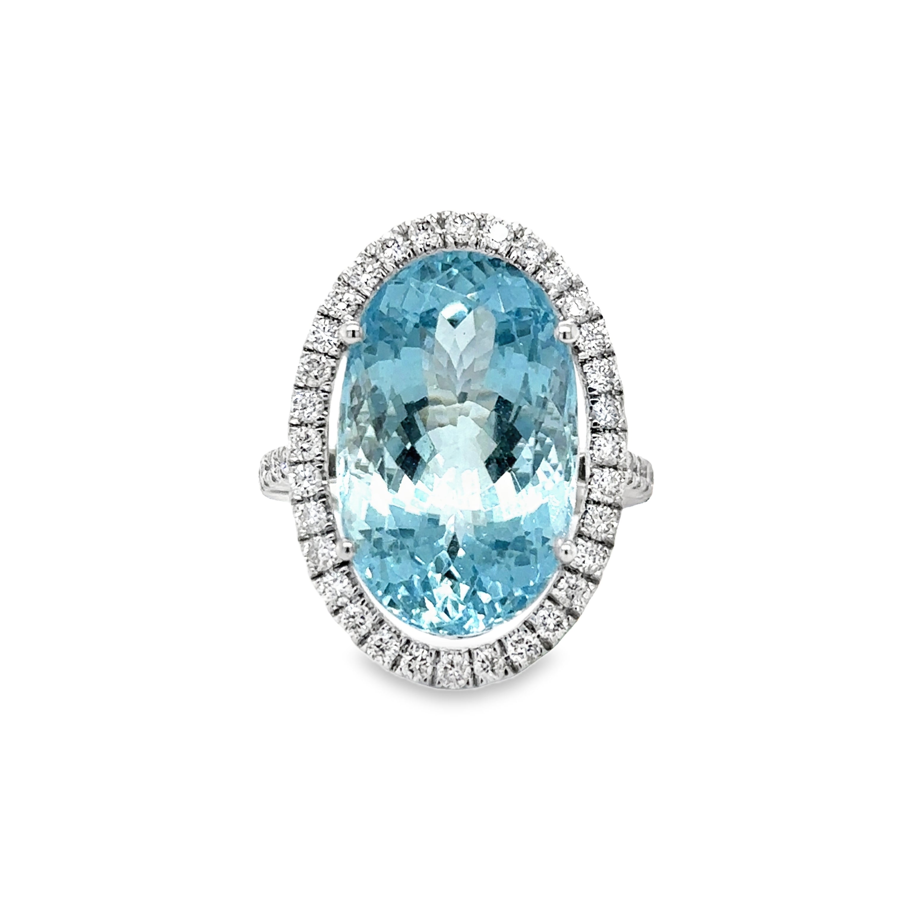 Anillo De Diamantes Y Aguamarina De Oro Blanco De 14 Kt 14.57 Ct.