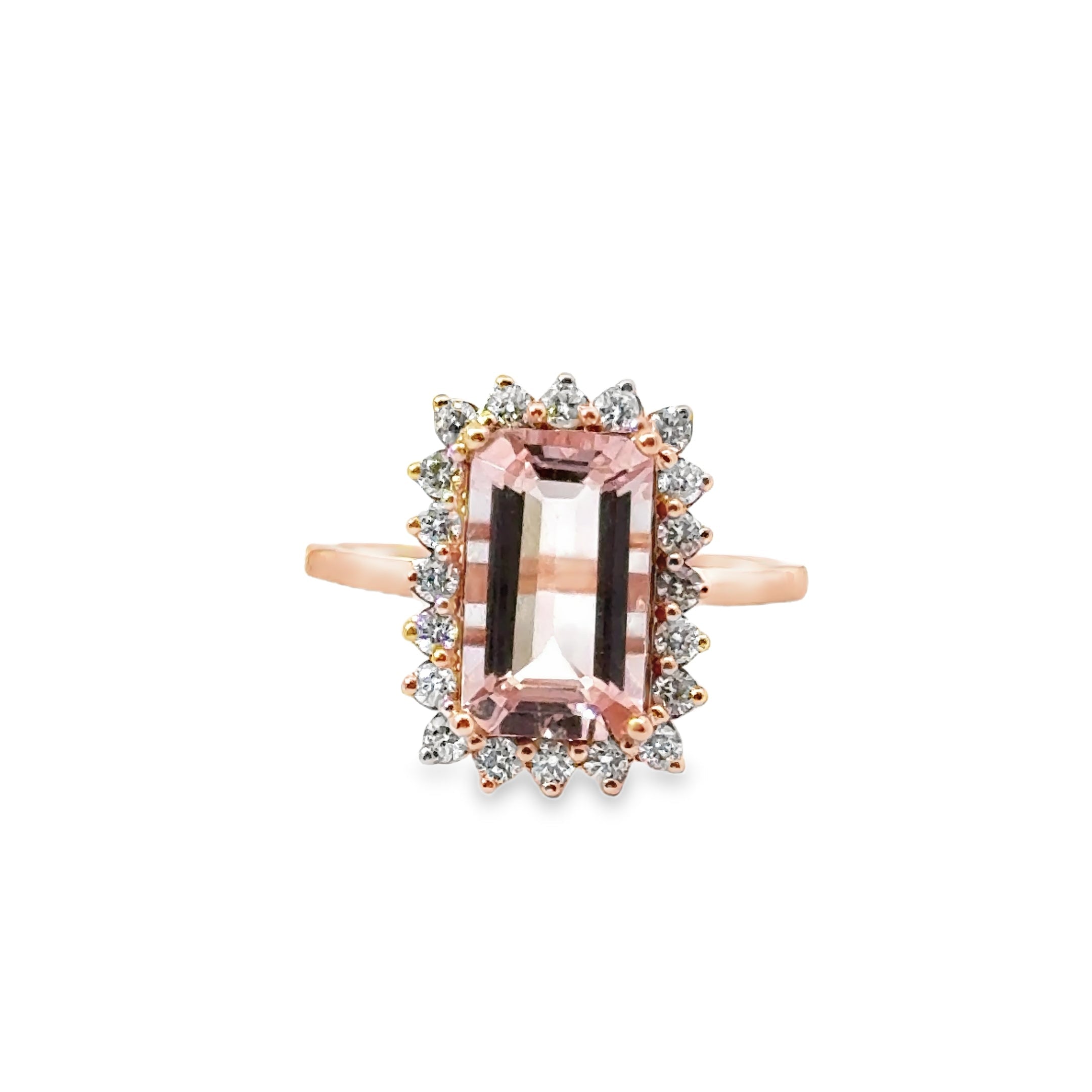 Anillo De Oro Rosa De 14 K Con Morganita Y Diamantes 3.3 Ct.