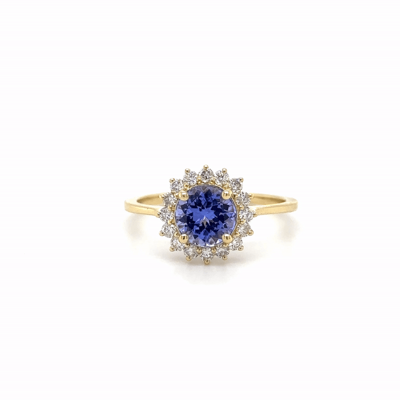 Anillo Redondo De Tanzanita De Oro Amarillo De 14 Quilates Con Diamantes 1.58 Ct.