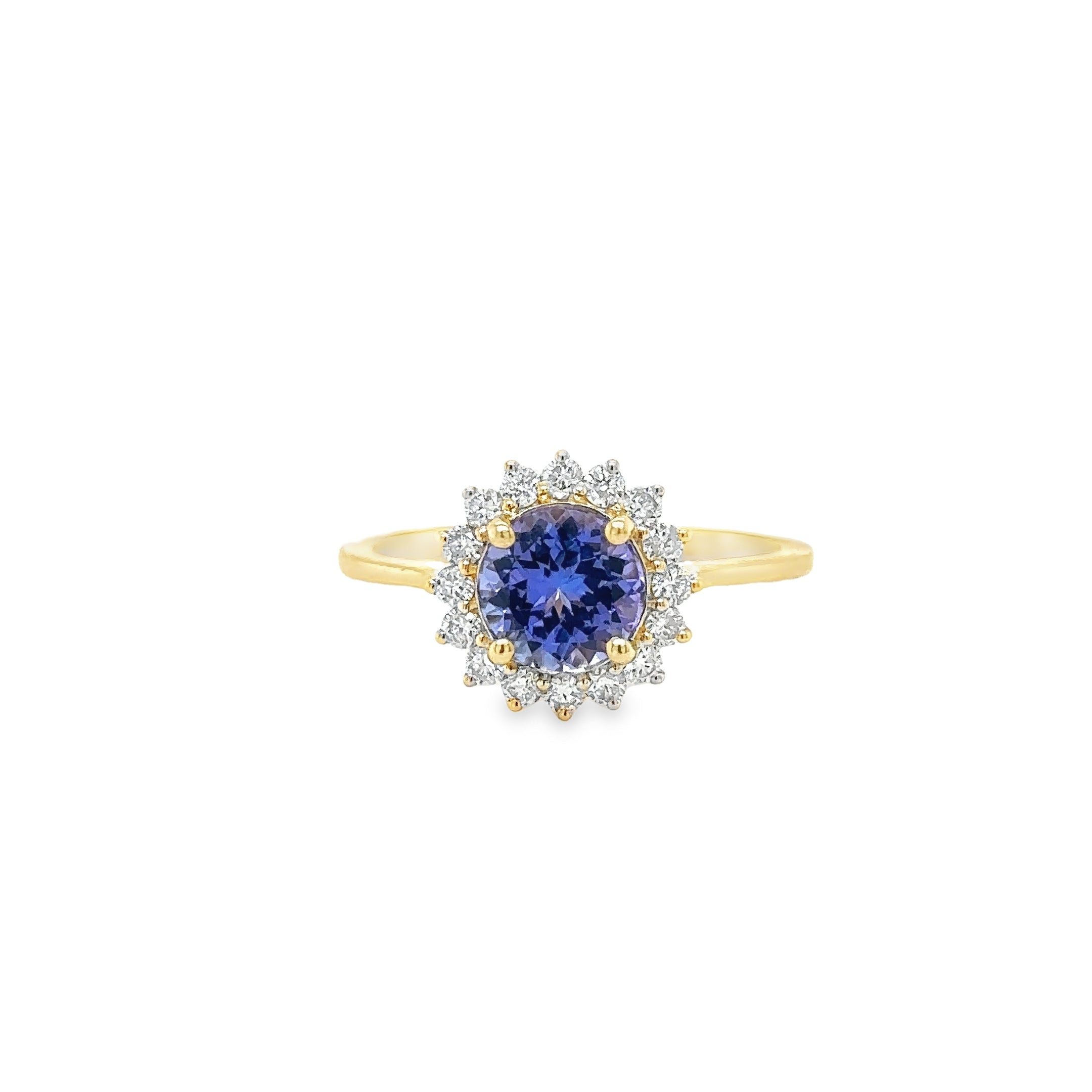 Anillo Redondo De Tanzanita De Oro Amarillo De 14 Quilates Con Diamantes 1.58 Ct.