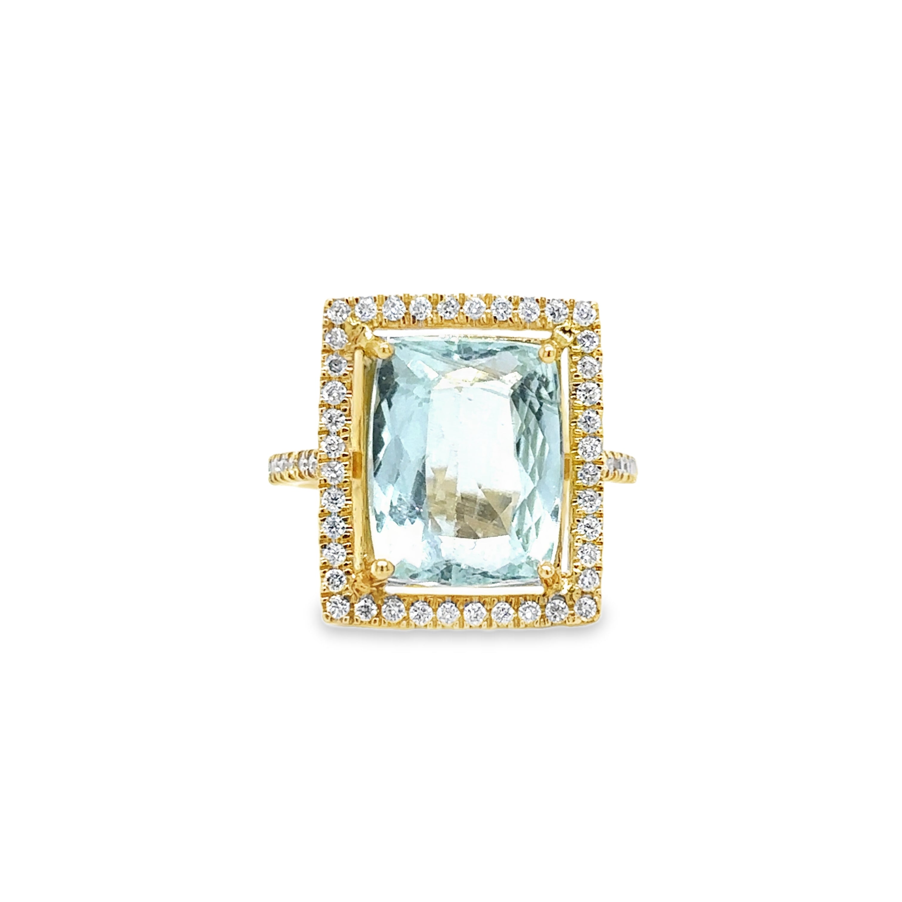 Anillo De Oro Amarillo De 14 Quilates Aguamarina Y Diamantes 5.67 Ct.