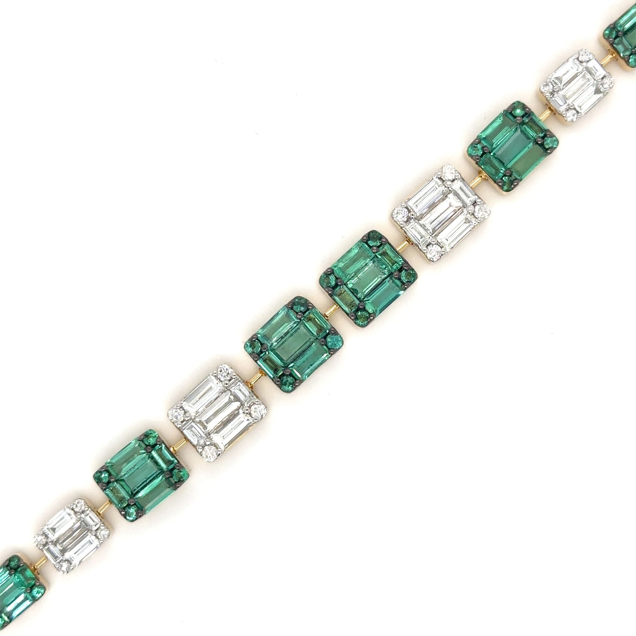 Pulsera De Tenis De Oro Amarillo De 18 Quilates Con Esmeraldas Y Diamantes 9.73 Ct.