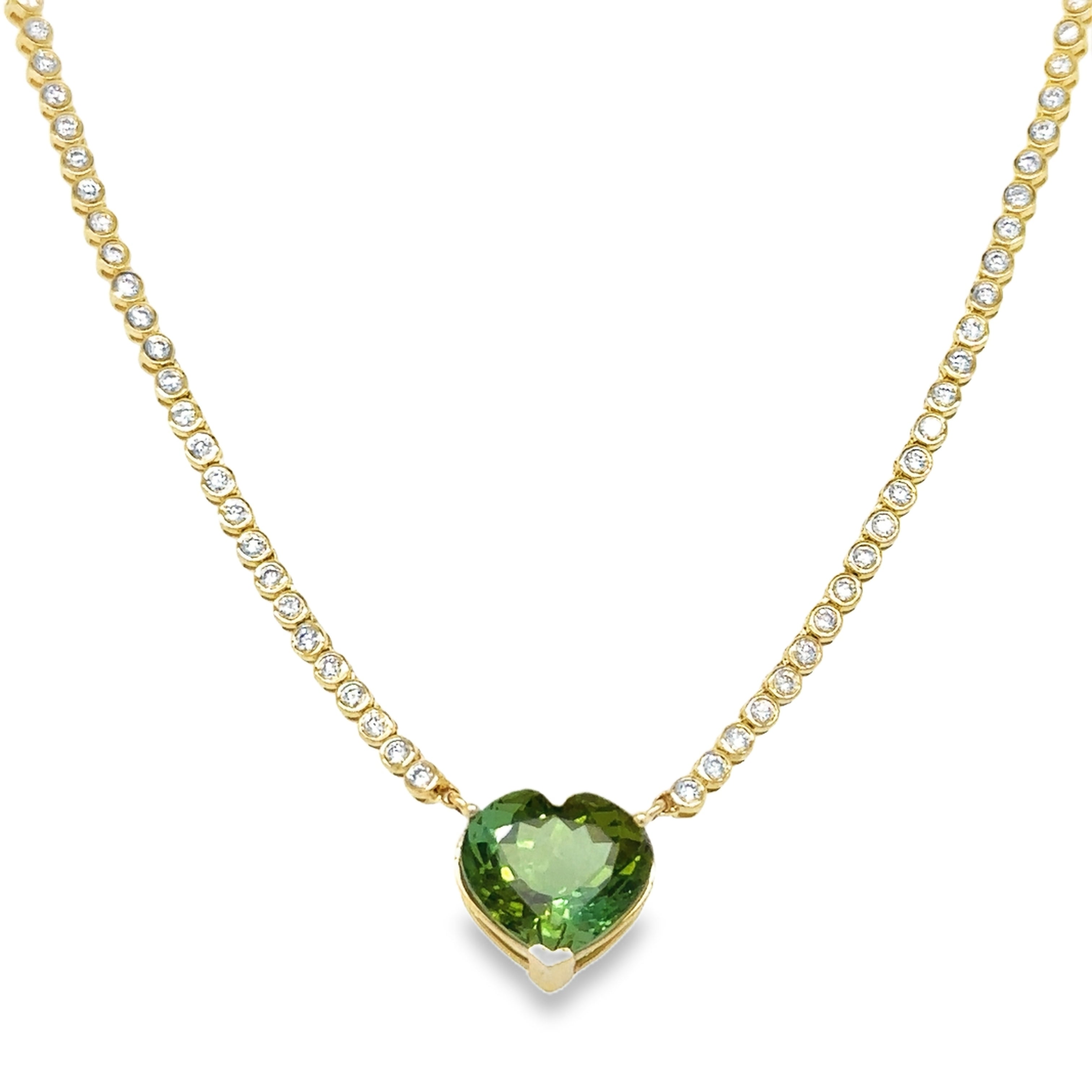 Collar De Tenis Con Bisel De Diamantes Y Turmalina Verde De Oro Amarillo De 14K 7.39 Ct.