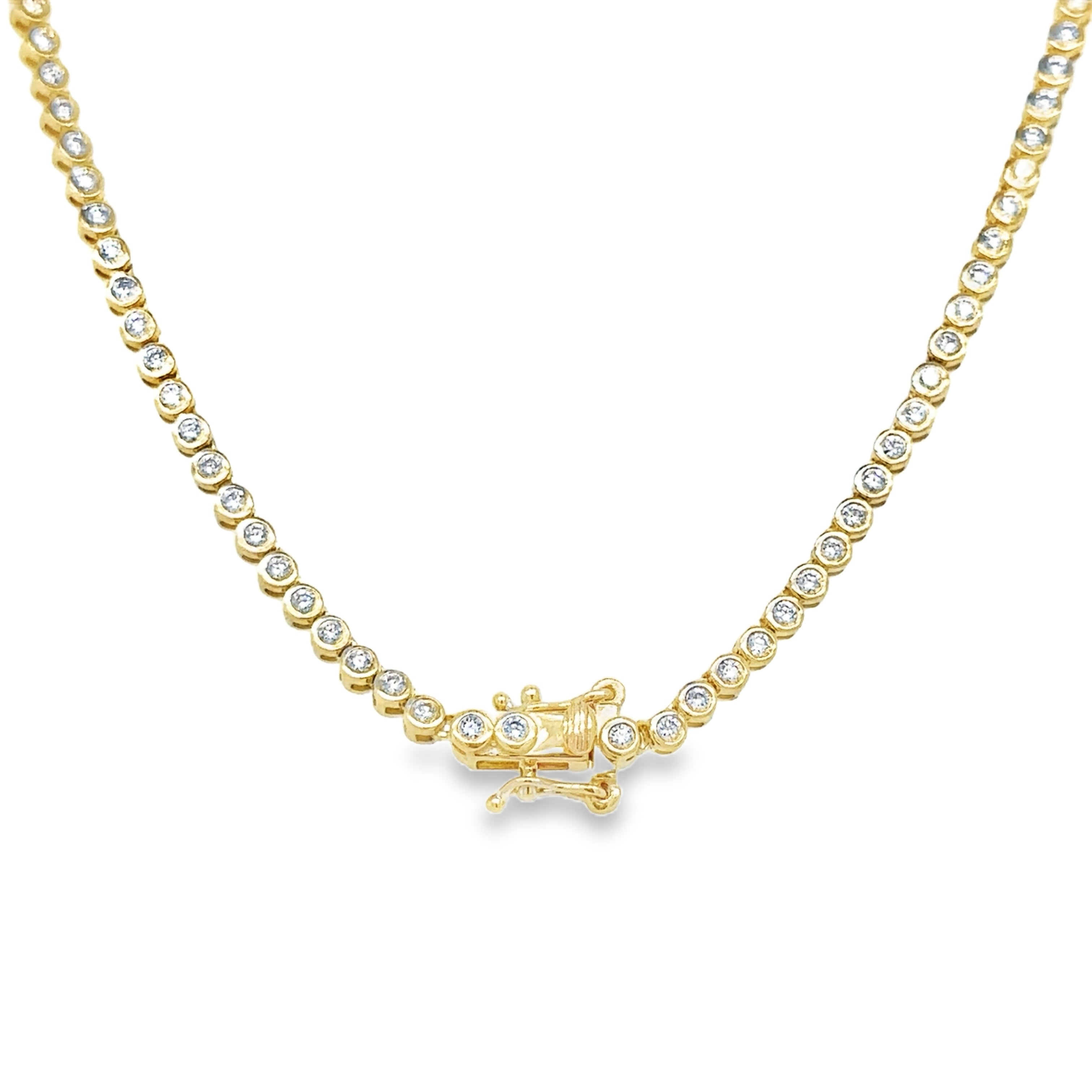 Collar De Tenis Con Bisel De Diamantes Y Turmalina Verde De Oro Amarillo De 14K 7.39 Ct.