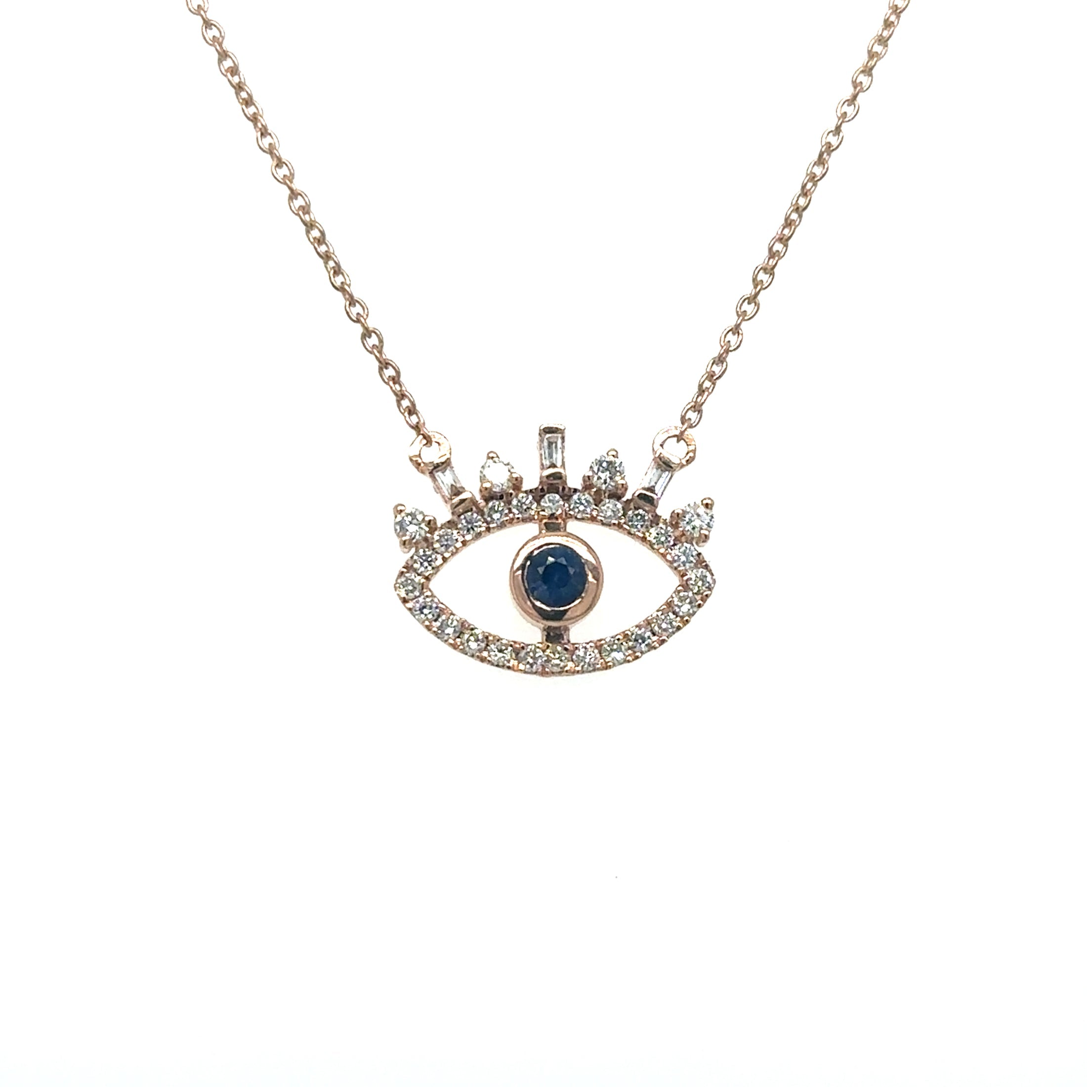 Blue Sapphire Evil Eye &amp; Diamond Necklace in 14K Rose Gold, 0.33 CT