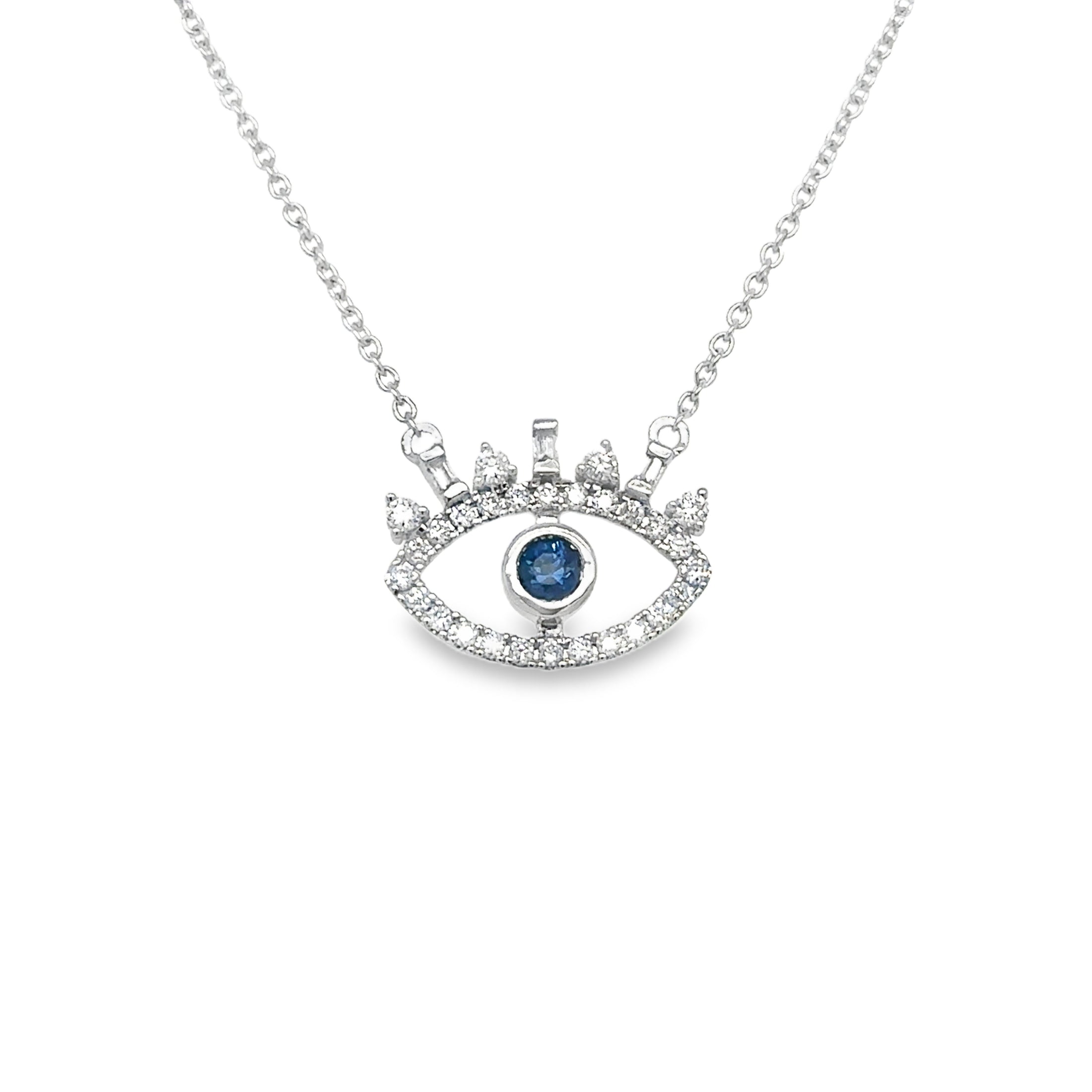 Evil Eye Blue Sapphire Necklace with Diamonds in 14K White Gold, 0.33 CT