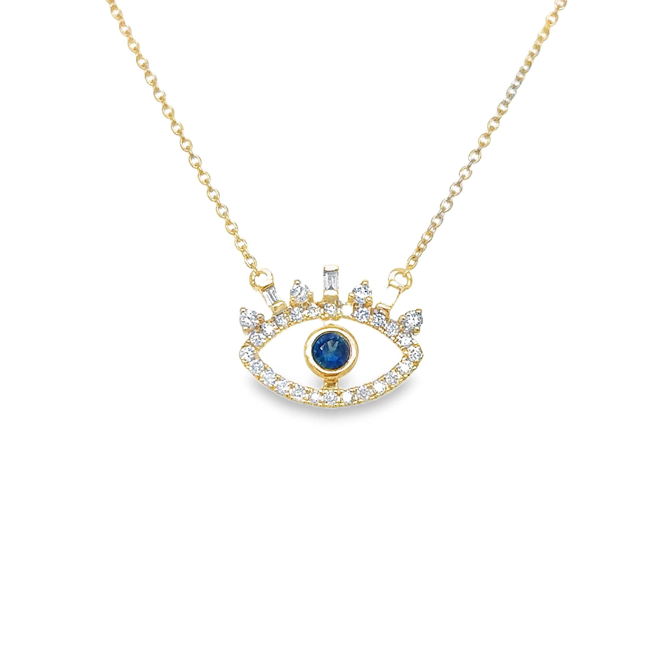 Evil Eye Blue Sapphire Necklace with Diamonds in 14K Yellow Gold, 0.33 CT