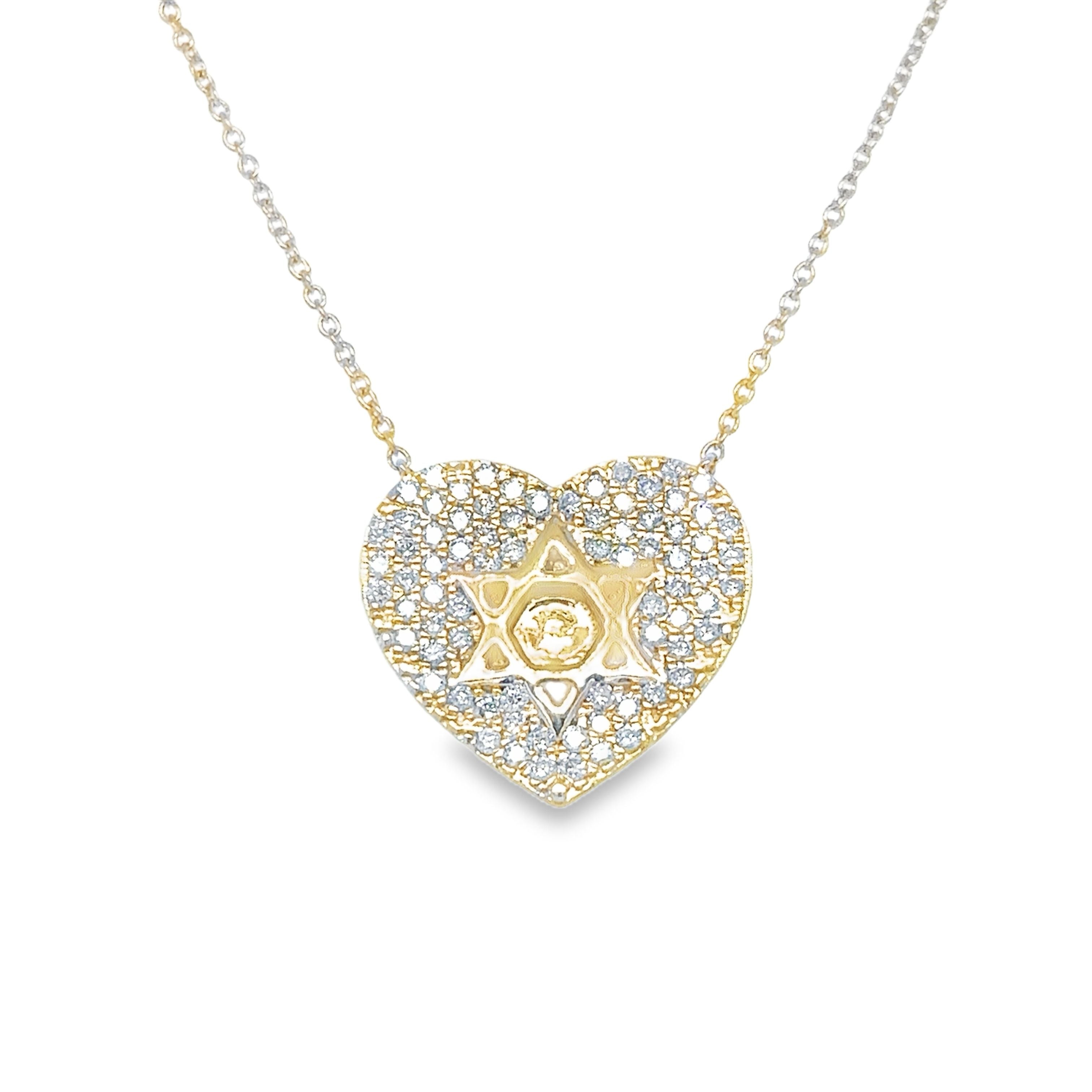 Collar De Oro Amarillo De 14 Quilates Con Corazón De Diamantes Y Estrella De David 0.46 Ct.
