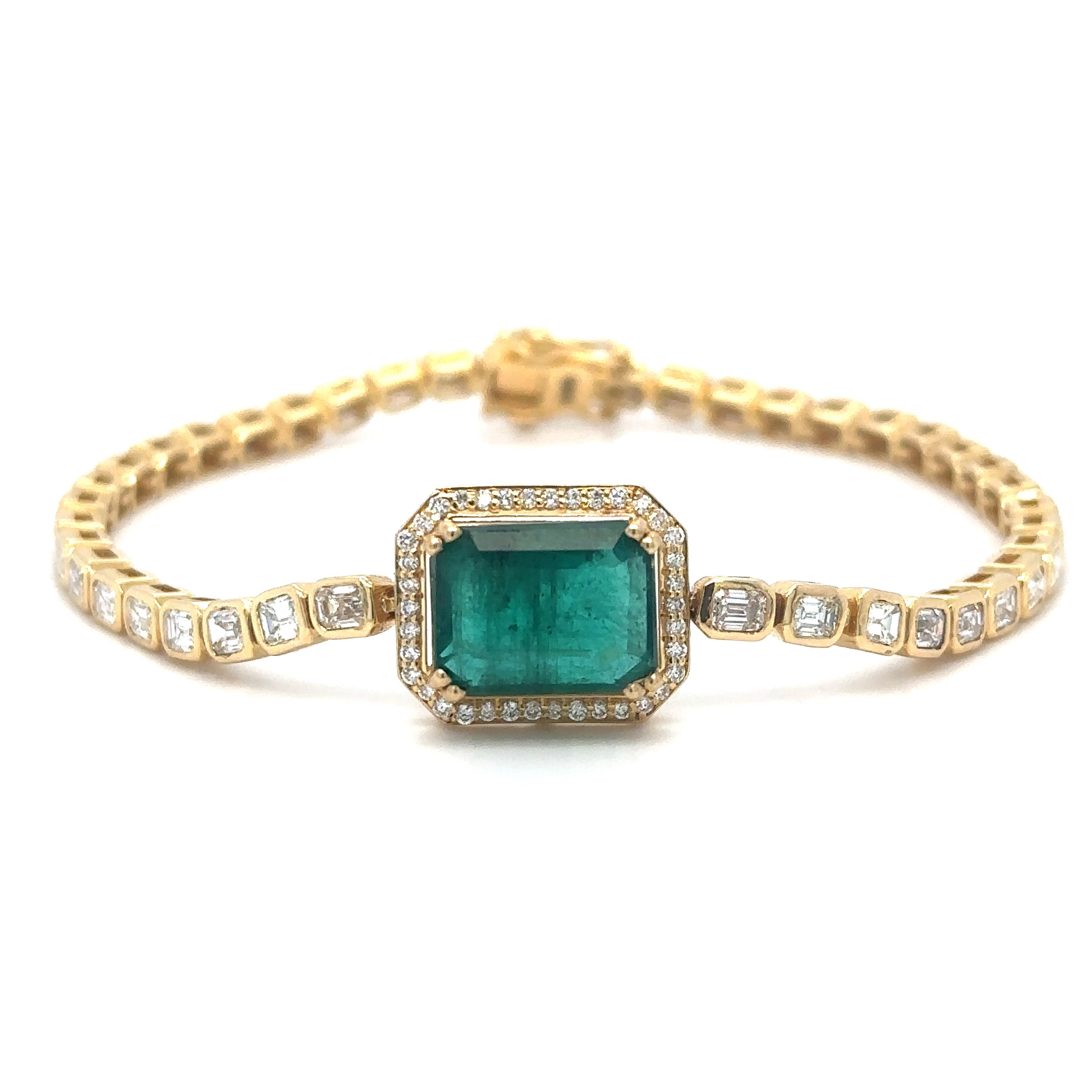 Pulsera De Tenis De Oro Amarillo De 18 Quilates Con Esmeralda Oct Y Diamantes 7.49 Ct.